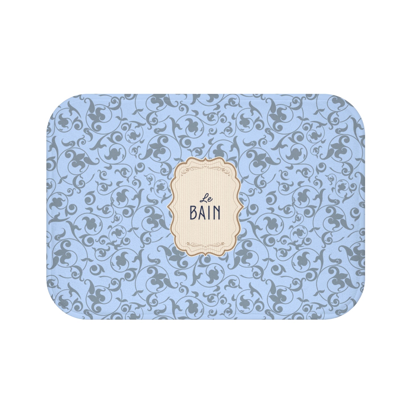 Decorative blue tray with intricate patterns and 'Le Bain' label on a white background