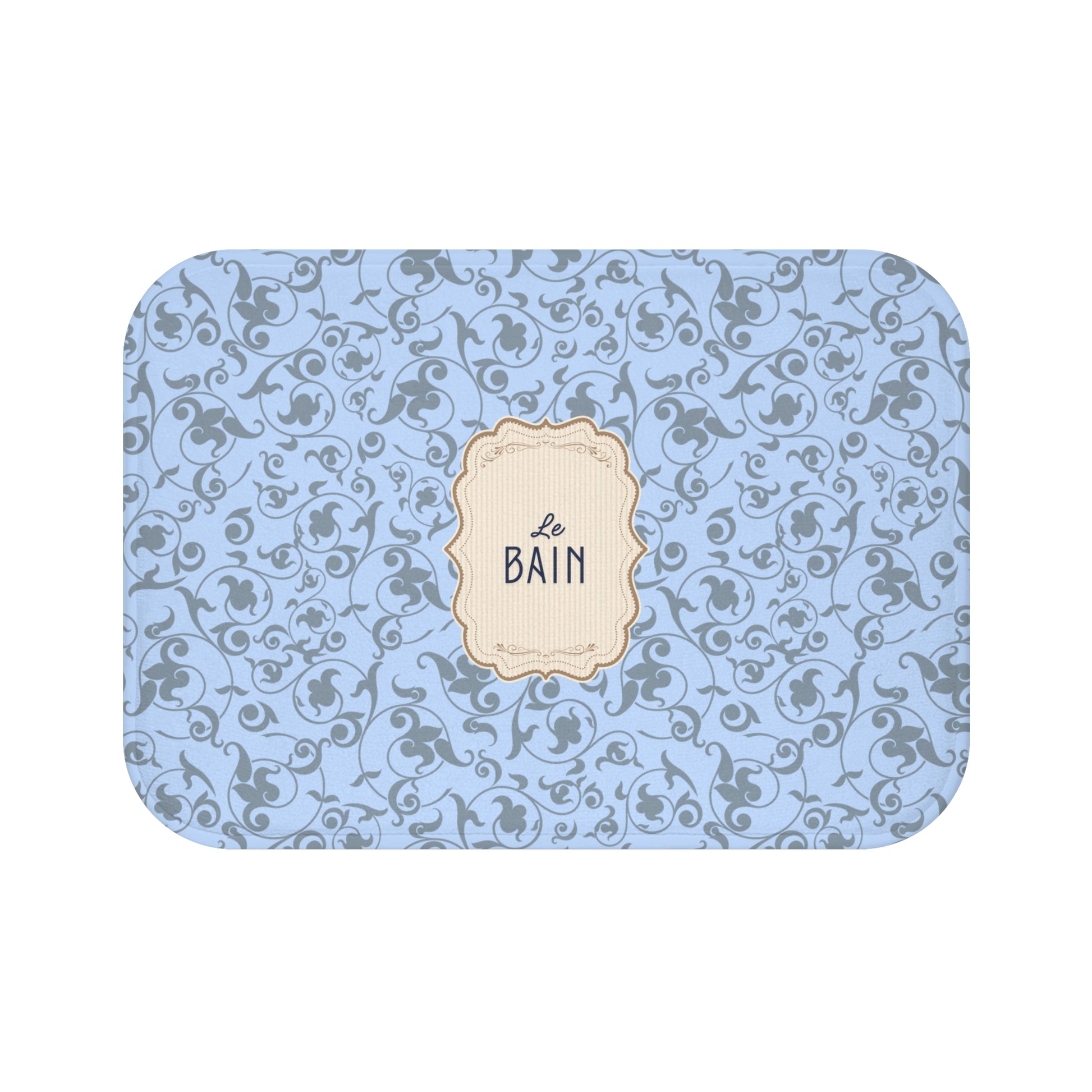 Decorative blue tray with intricate patterns and 'Le Bain' label on a white background