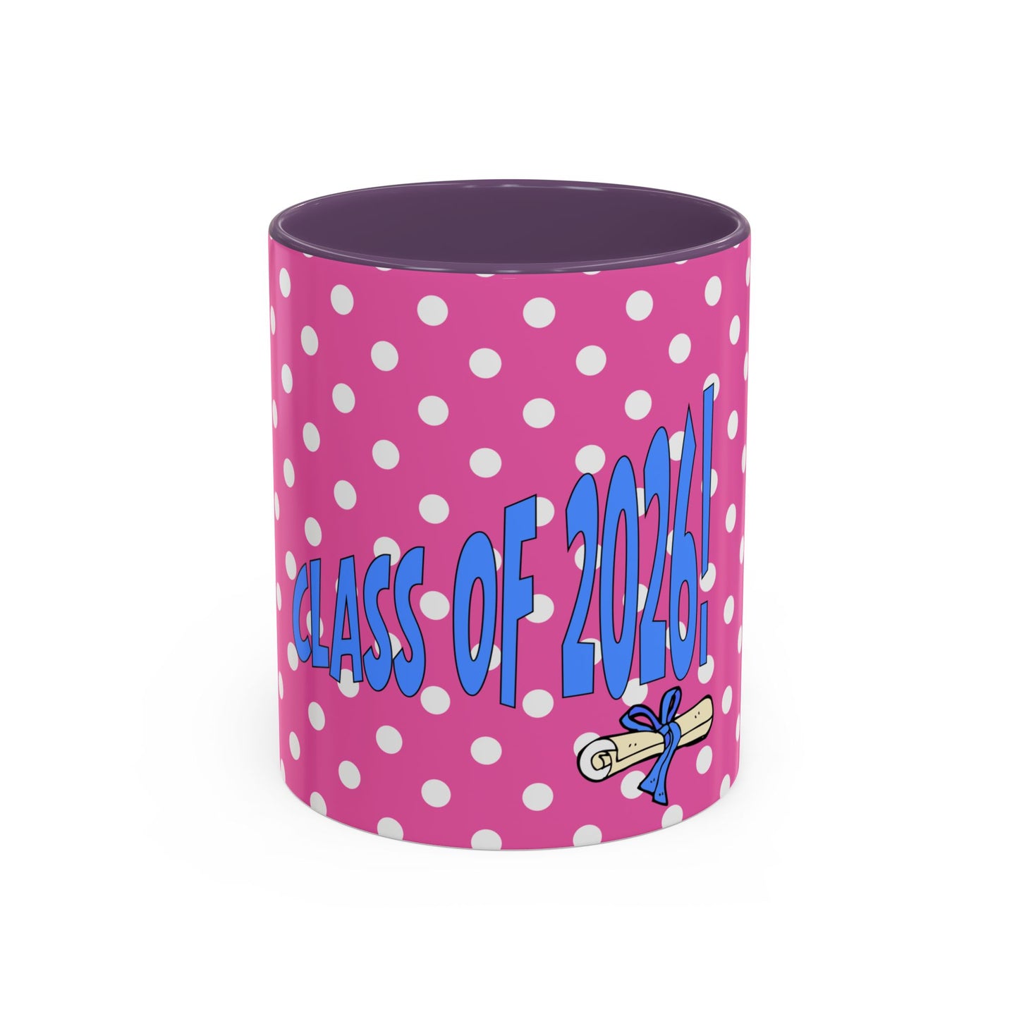 Pink polka dot mug with 'Class of 2023' text on a white background