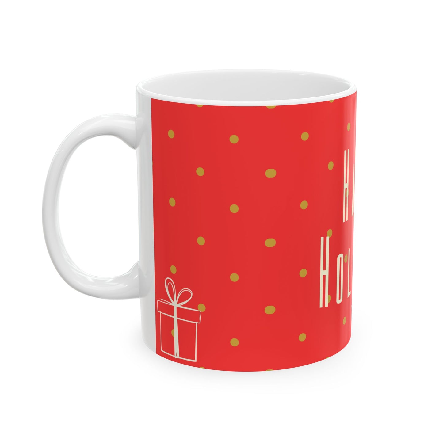 A white ceramic mug with a red printed wraparound design featuring gold polka dots, a small gift box illustration, and partial gold holiday text on a white background.