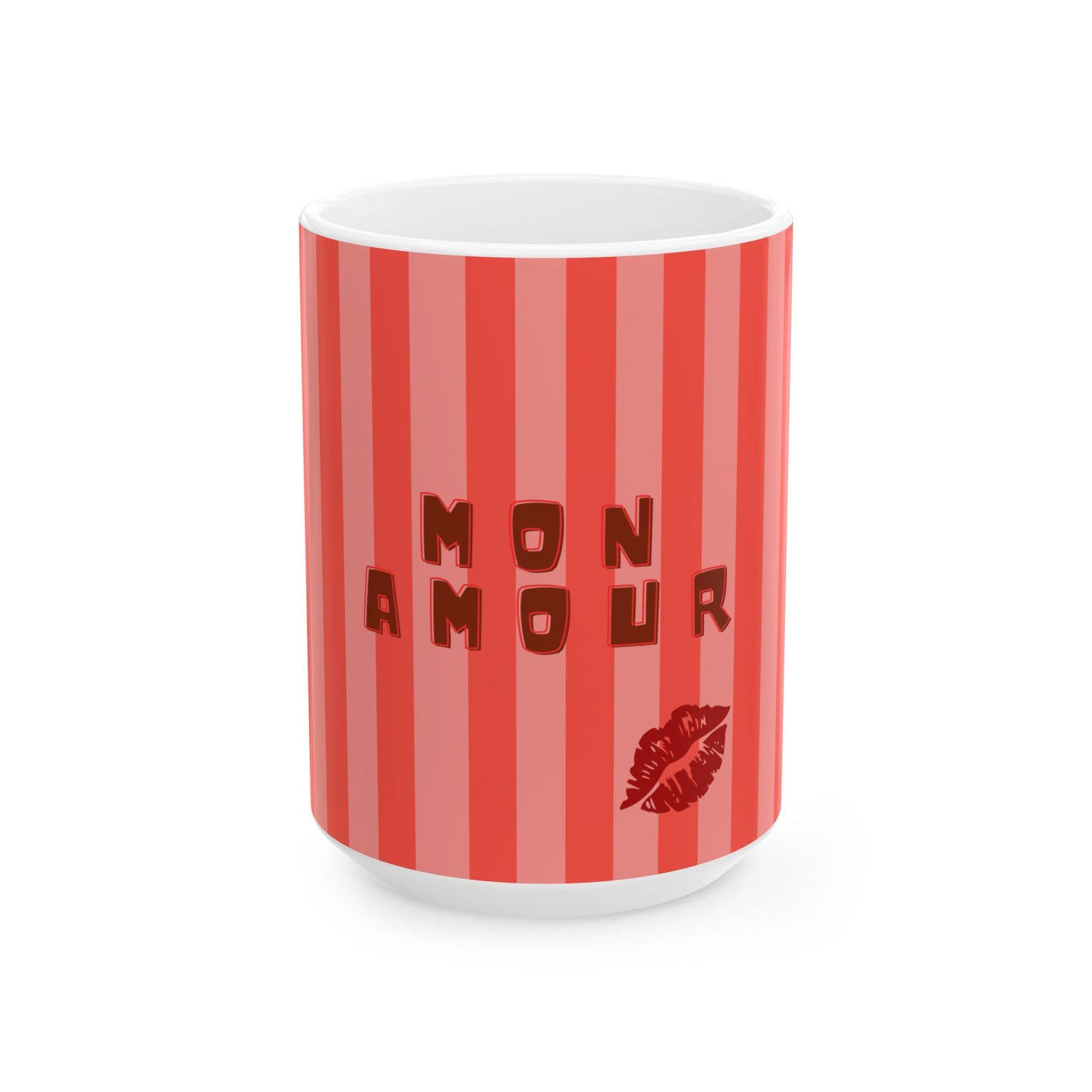 Mug with red and white striped pattern and 'MON AMOUR' text on a white background