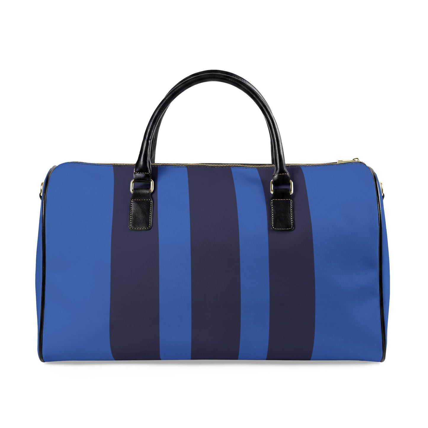 Blue and navy striped duffel bag with black handles on a white background