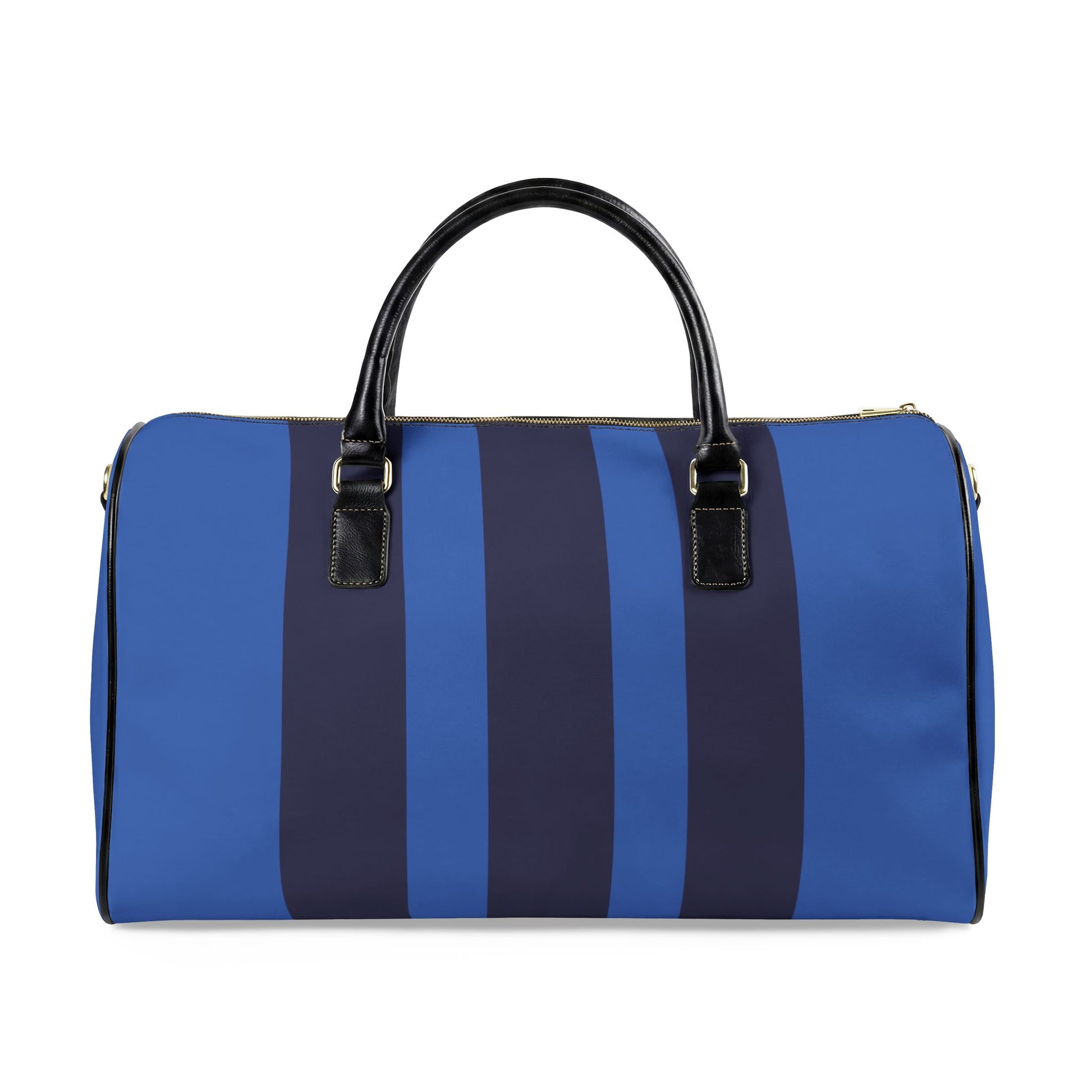 Blue and navy striped duffel bag with black handles on a white background