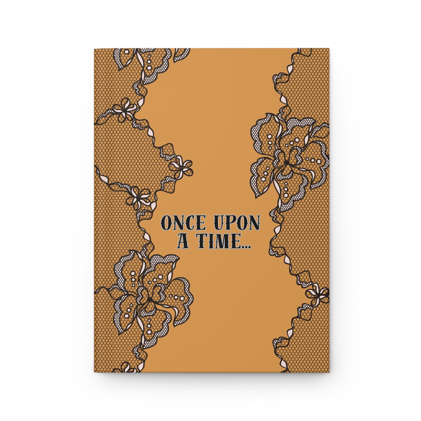 Book cover with lace design and 'Once Upon a Time' text on a mustard background
