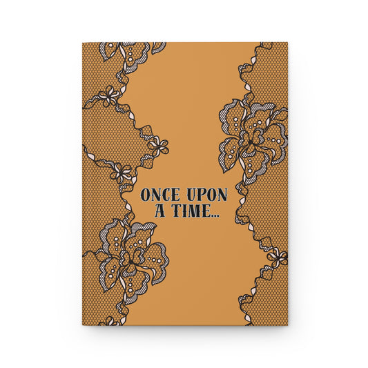 Book cover with lace design and 'Once Upon a Time' text on a mustard background