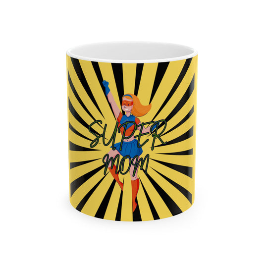 Mug with superhero-themed design and 'Super Mom' text on a yellow and black striped background