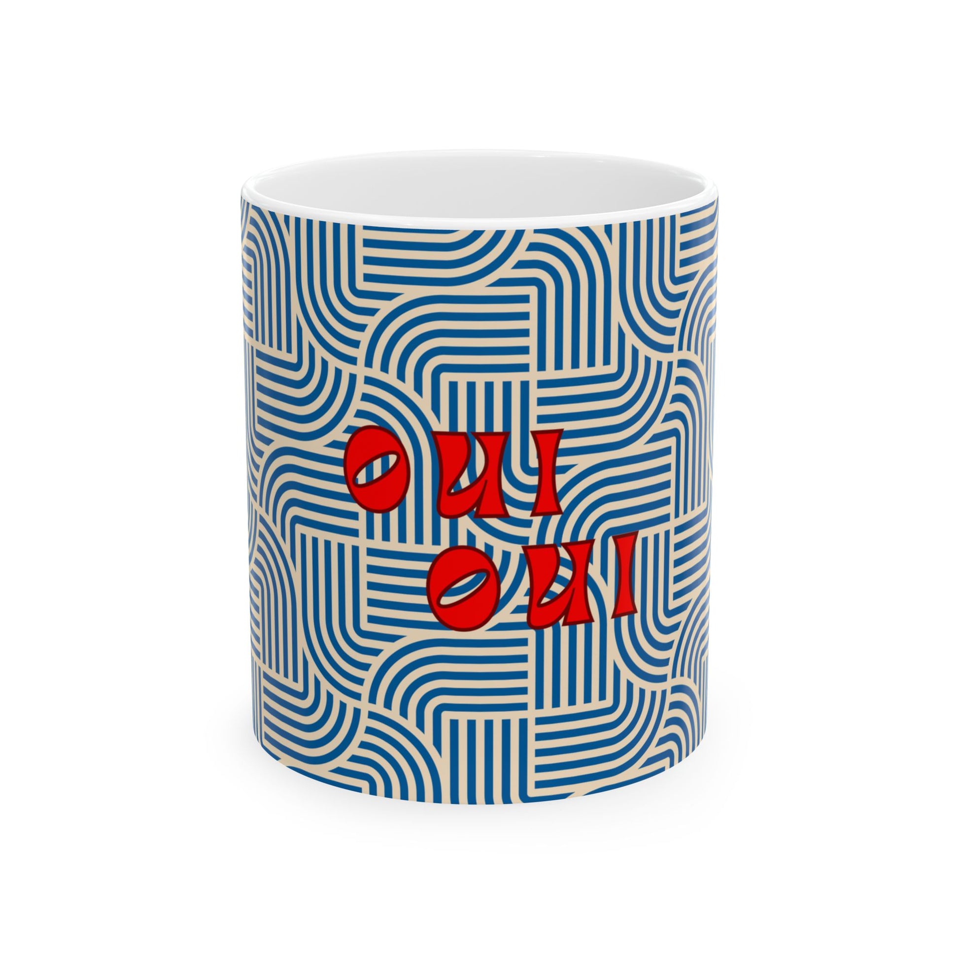 Mug with blue wavy pattern and red text on a white background