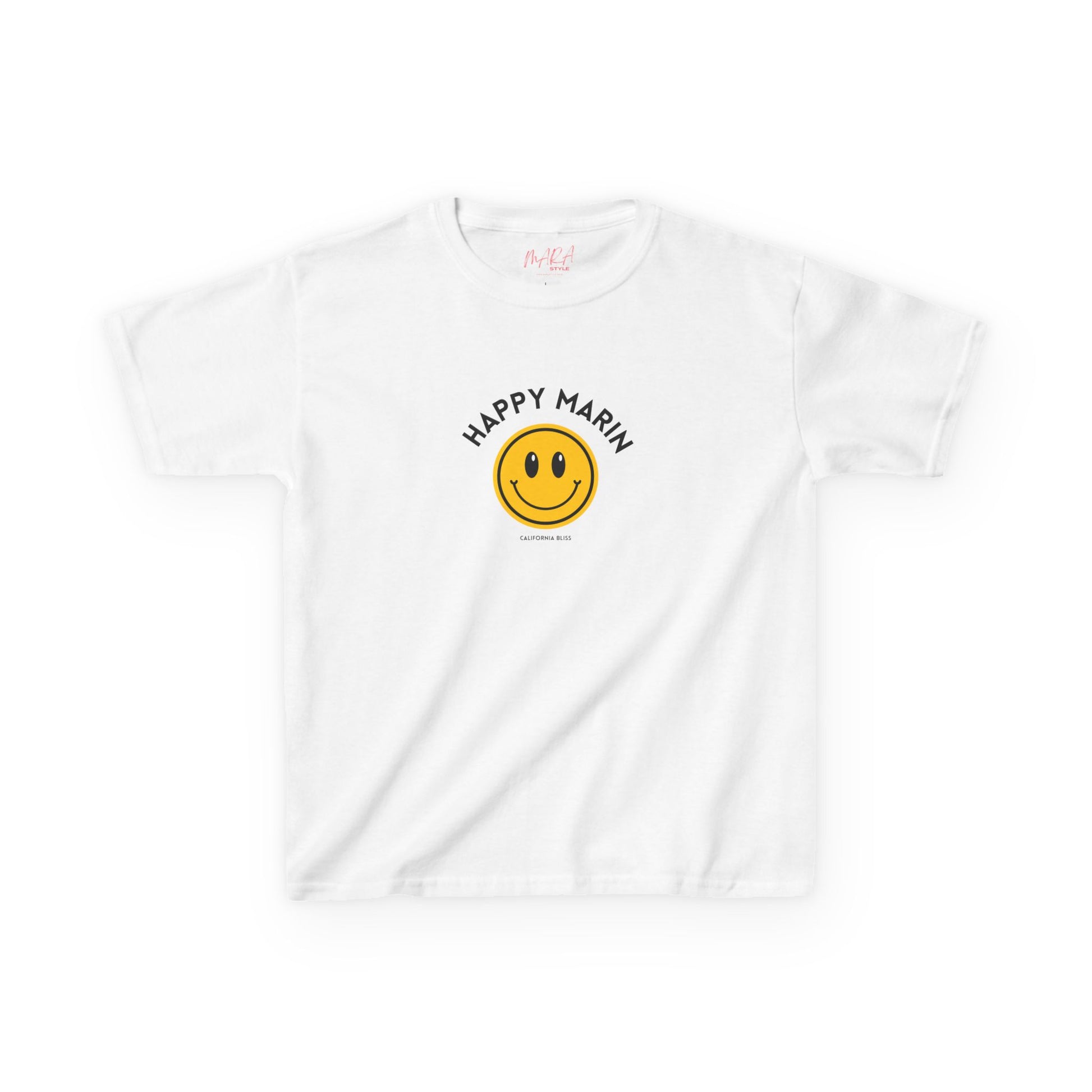 White t-shirt with a smiley face and 'Happy Marin' text on a white background