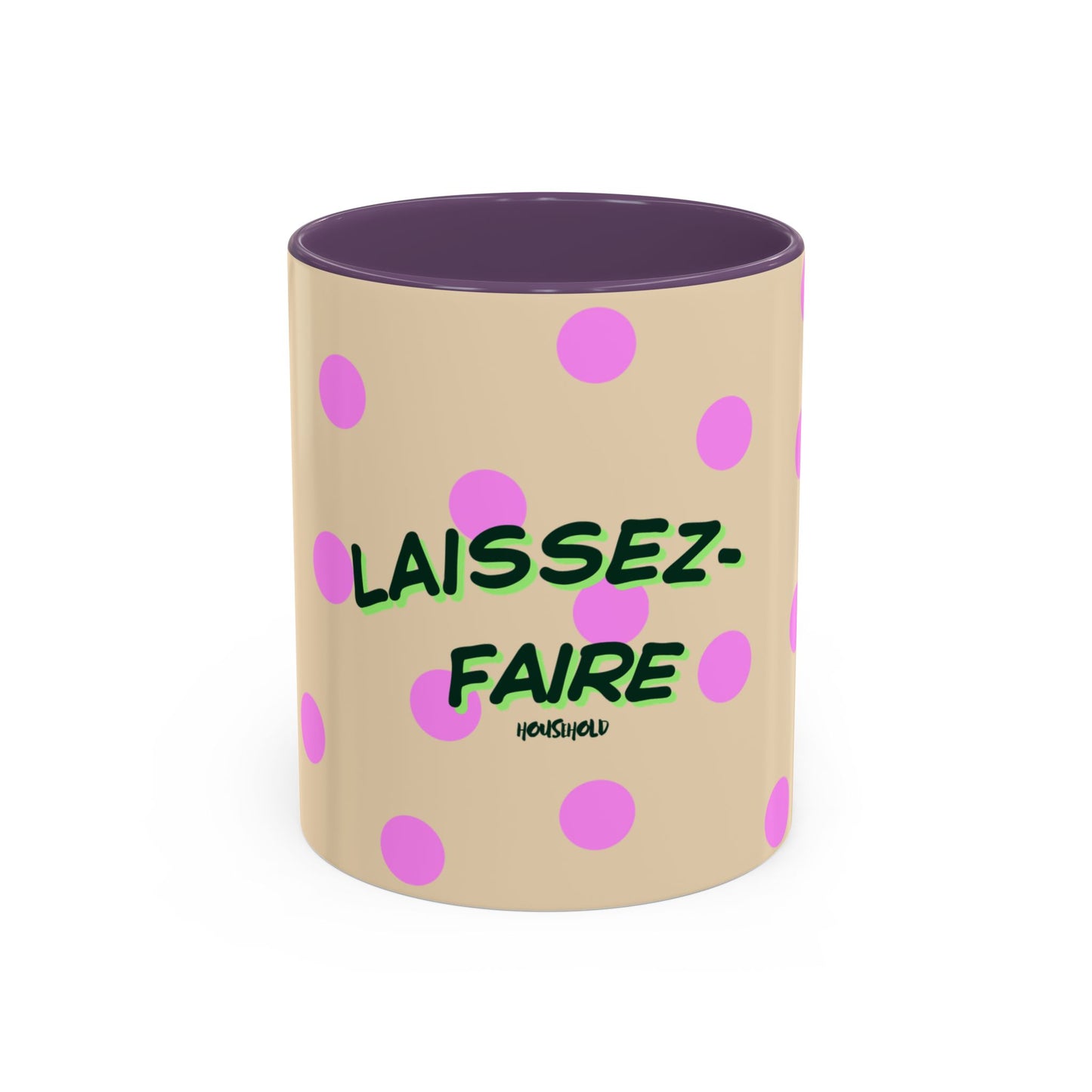 Beige mug with pink polka dots and green text on a white background