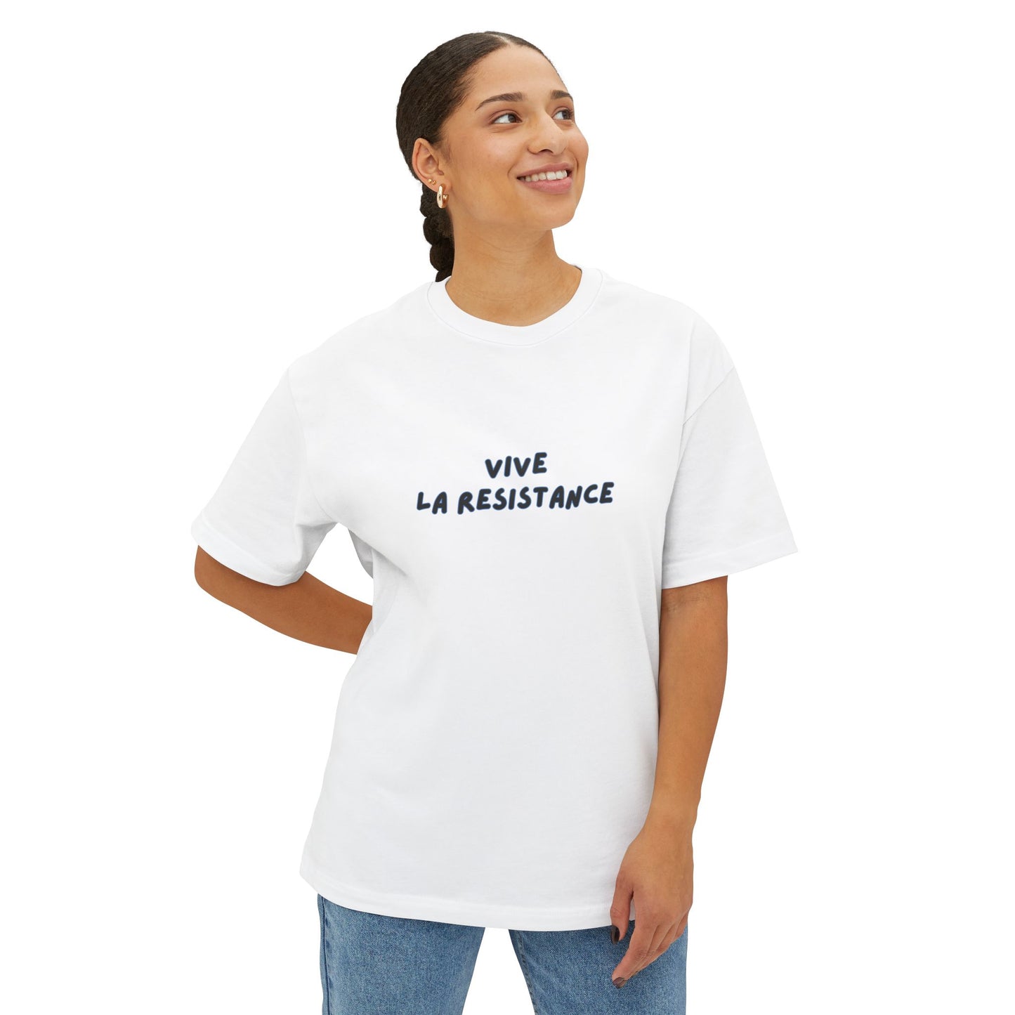 Person wearing a white t-shirt with 'Vive La Resistance' text on a white background