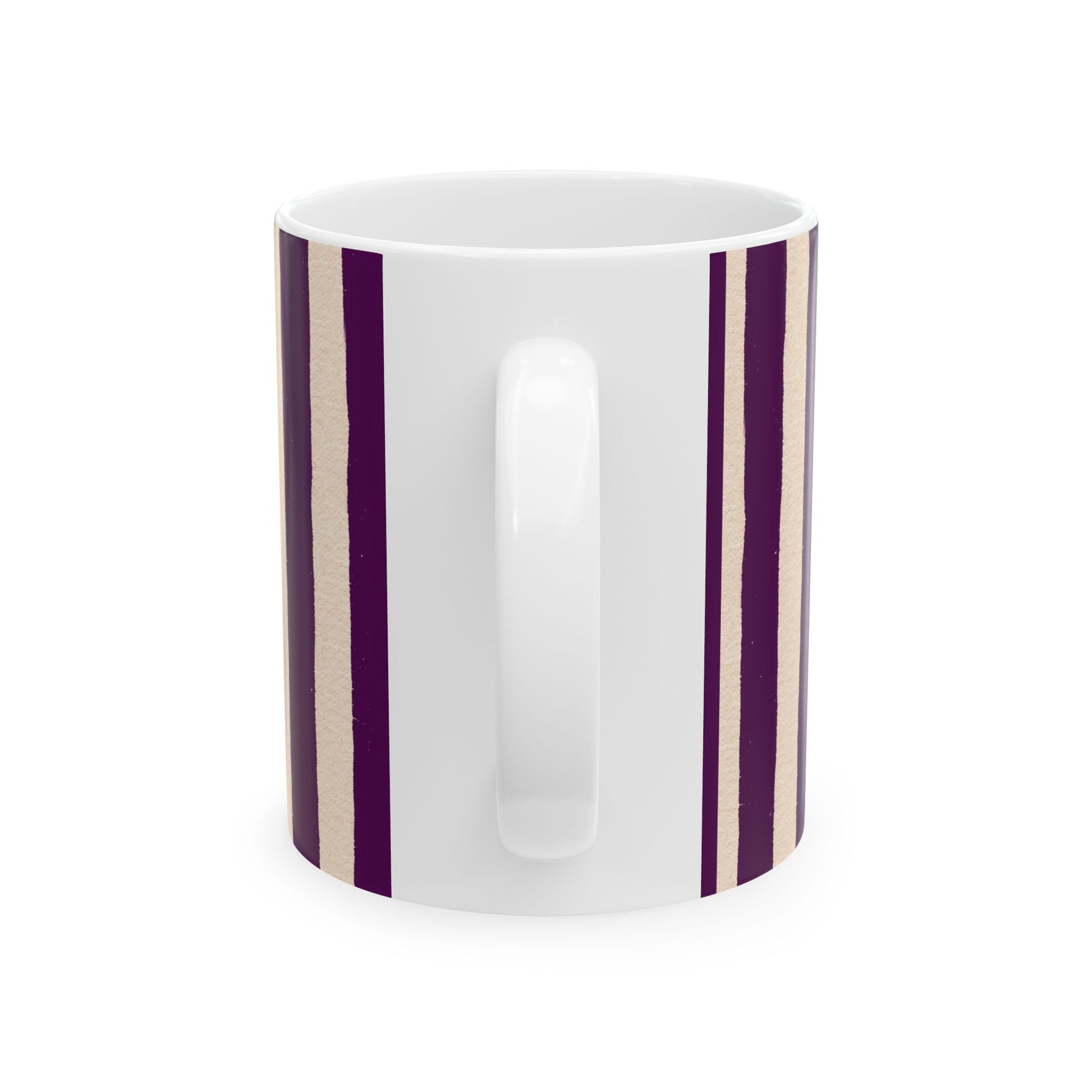 White mug with purple stripes on a white background