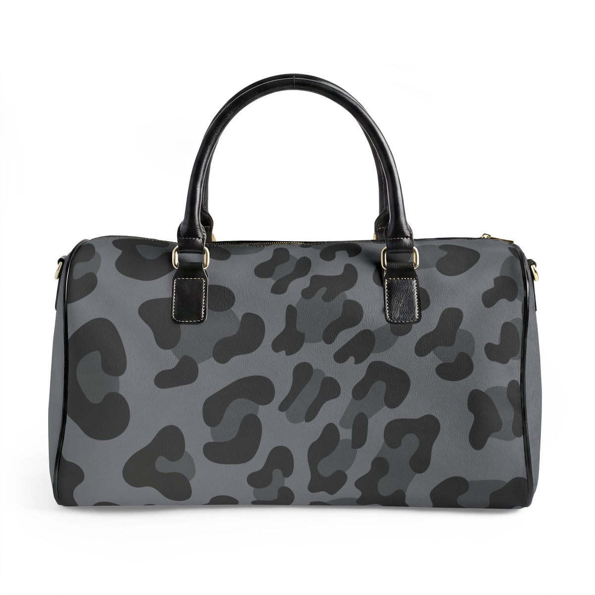 A gray and black leopard print handbag with black leather handles and gold-tone hardware, shown against a plain white background.