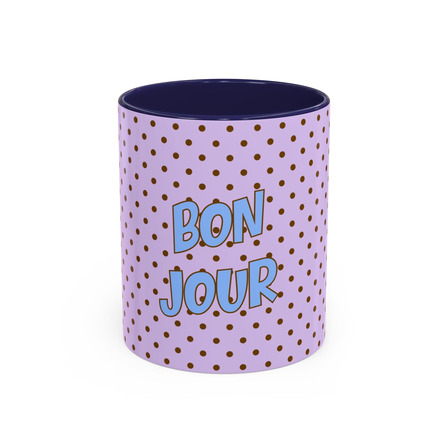 Purple cup with gold polka dots and 'Bonjour' text on a white background