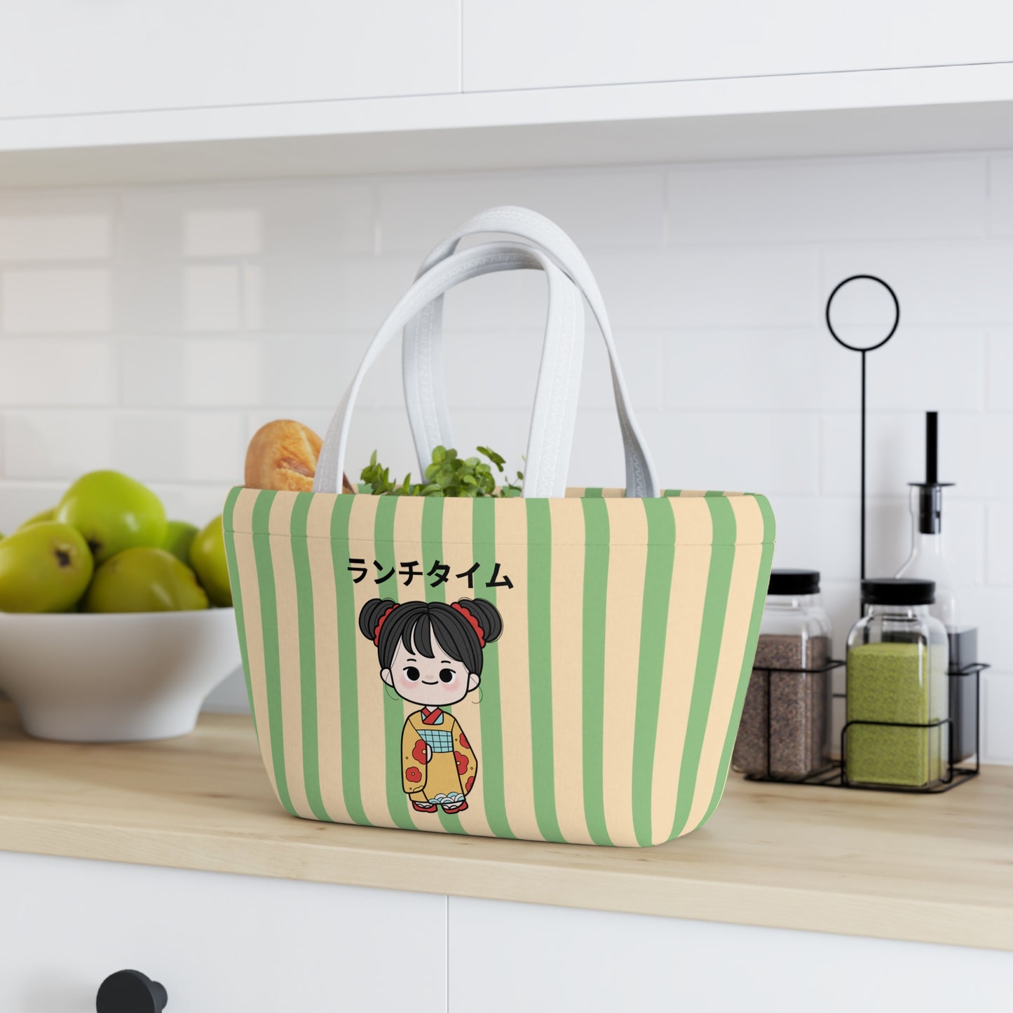 A green and cream striped fabric tote bag with white handles sits on a kitchen counter. The front features a cartoon girl in a kimono with Japanese text.