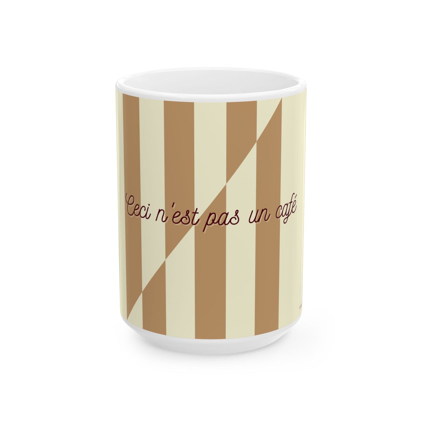 Mug with brown and beige diagonal stripes and text on a white background