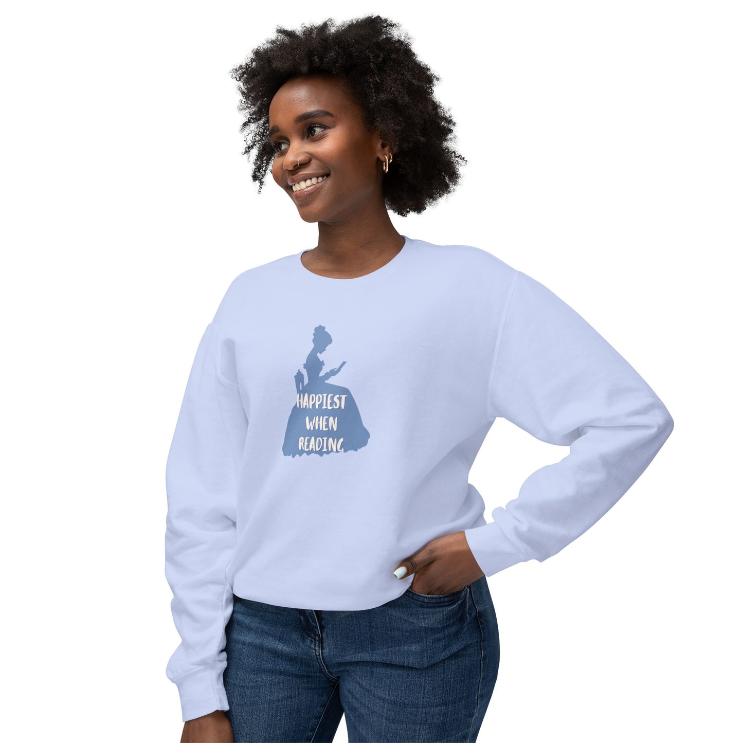 Woman wearing a light blue sweatshirt with a bicycle graphic and text on a white background