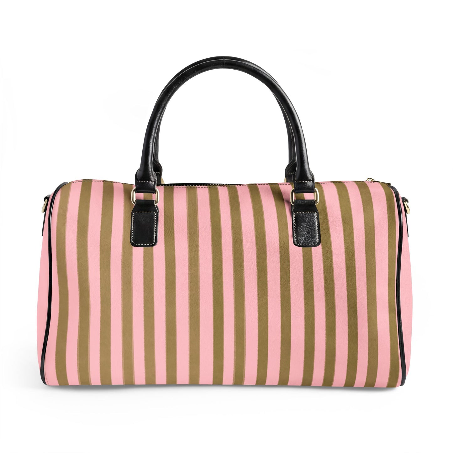 Striped duffel bag with pink and green stripes on a white background
