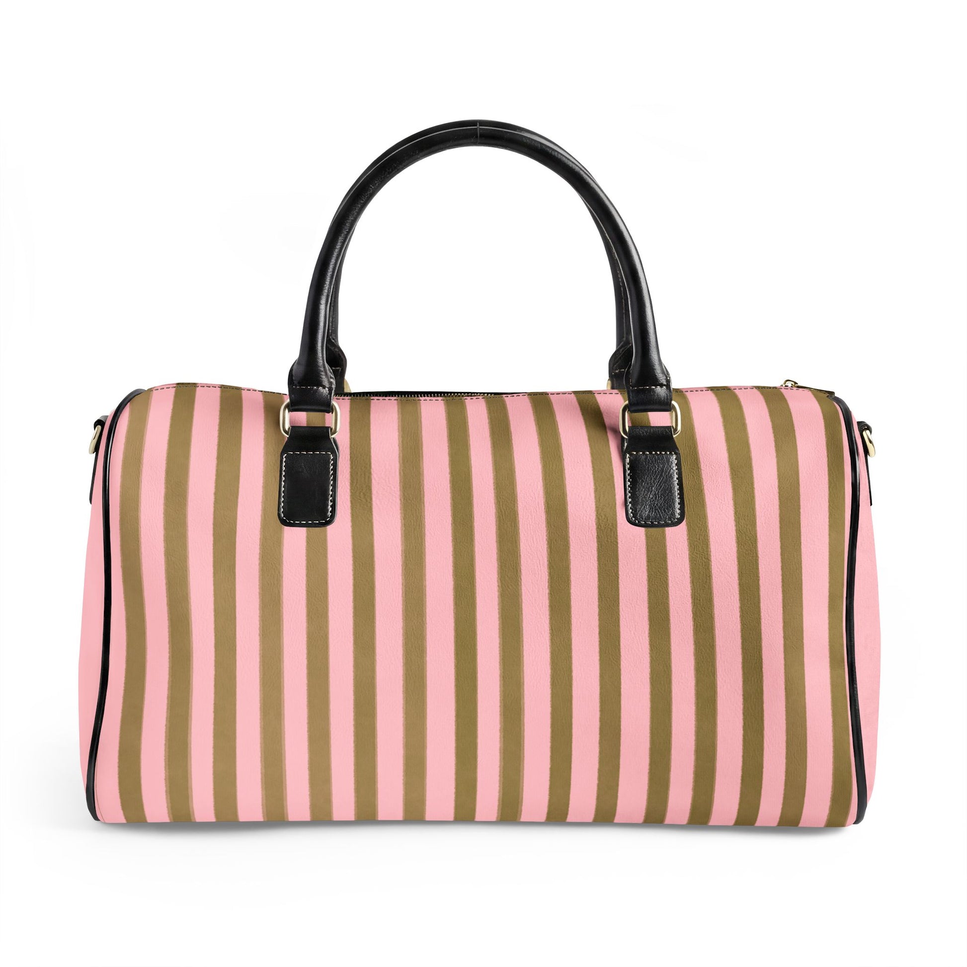 Striped duffel bag with pink and green stripes on a white background