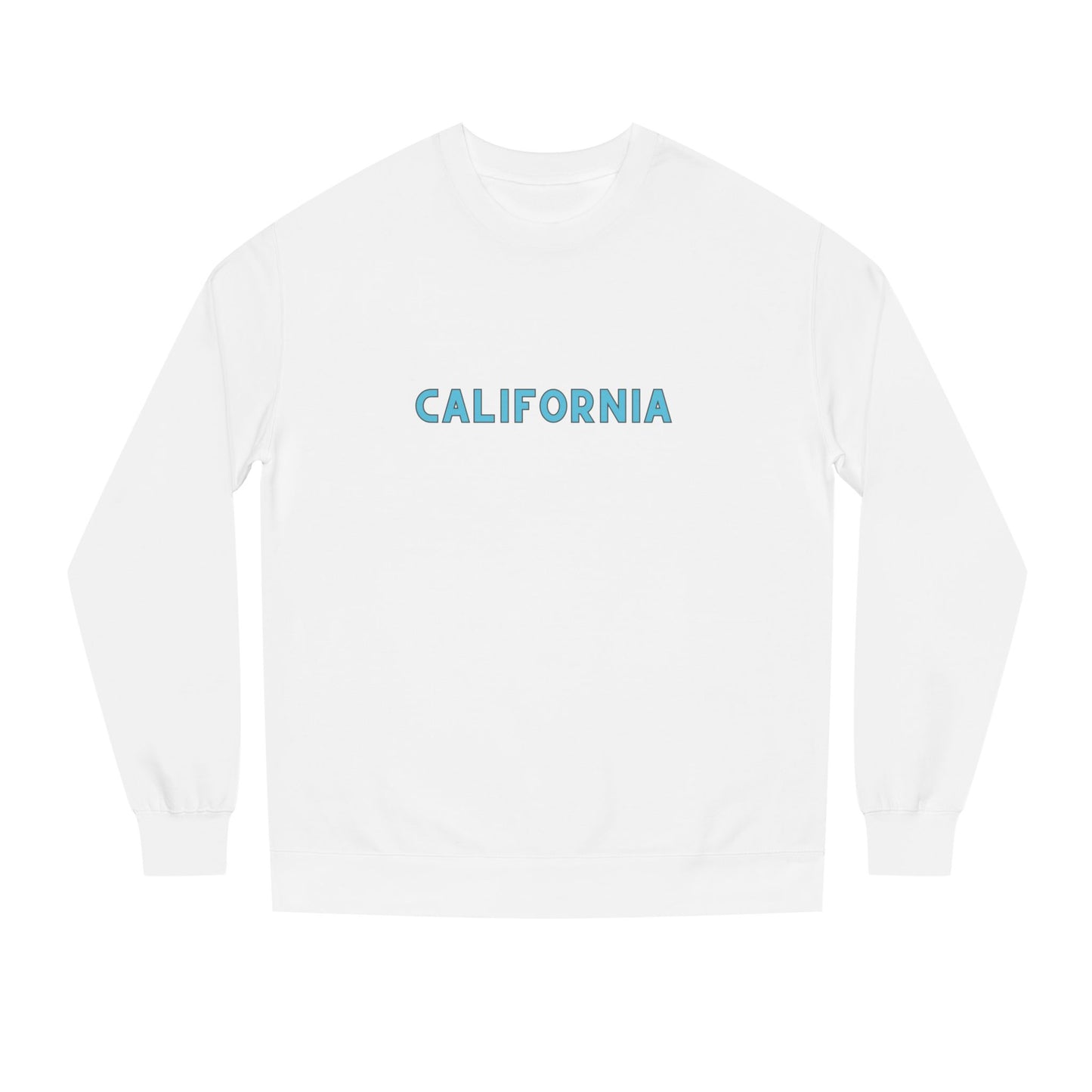 White sweatshirt with 'California' printed in blue on a white background
