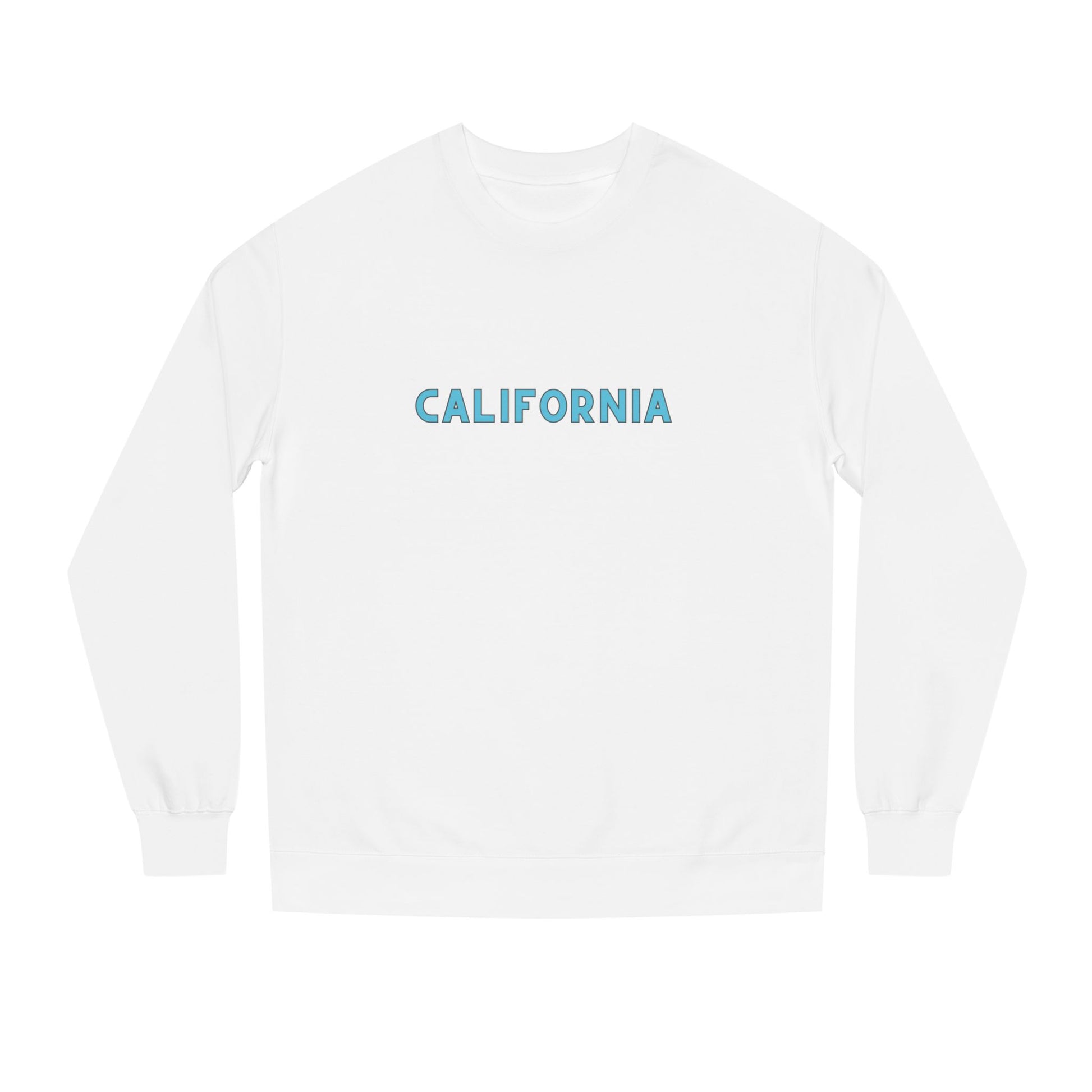 White sweatshirt with 'California' printed in blue on a white background