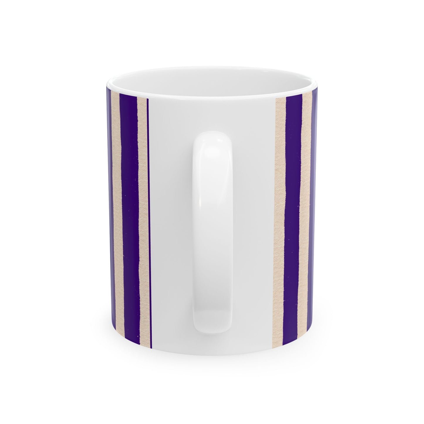 White mug with purple and beige stripes on a white background