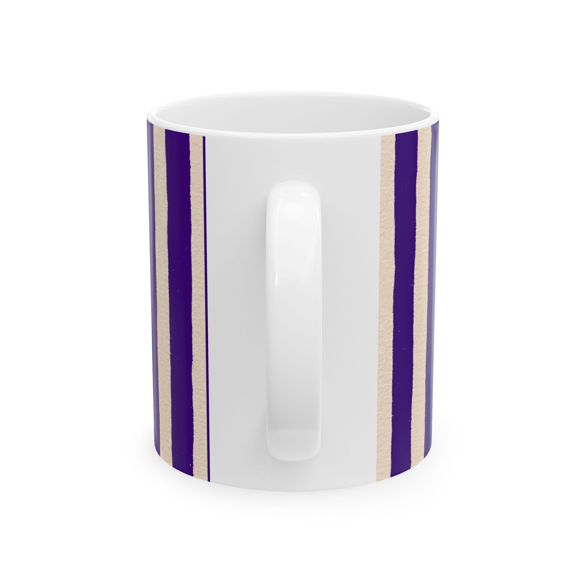 White mug with purple and beige stripes on a white background
