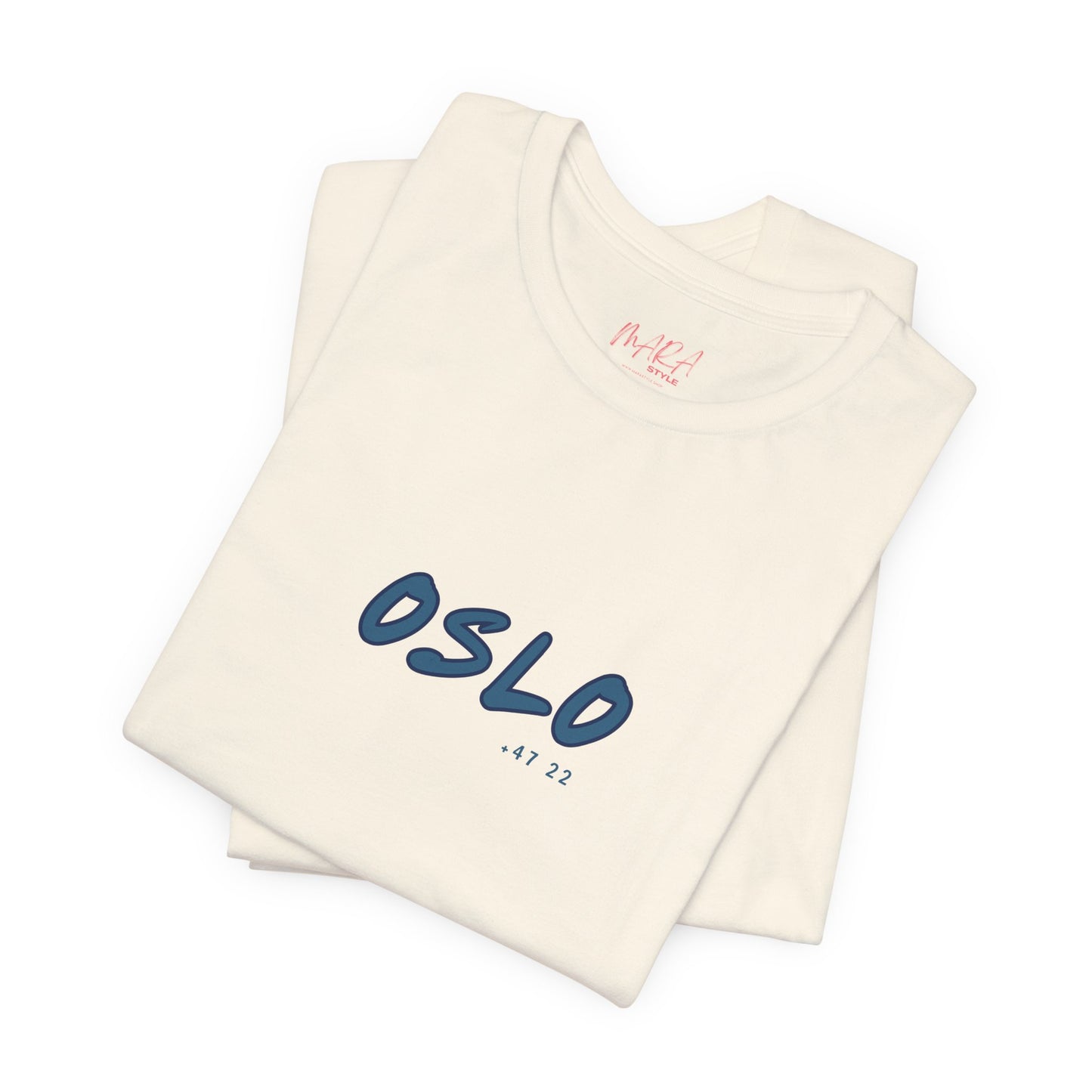 Folded beige tank top with 'OSLO' text on a white background