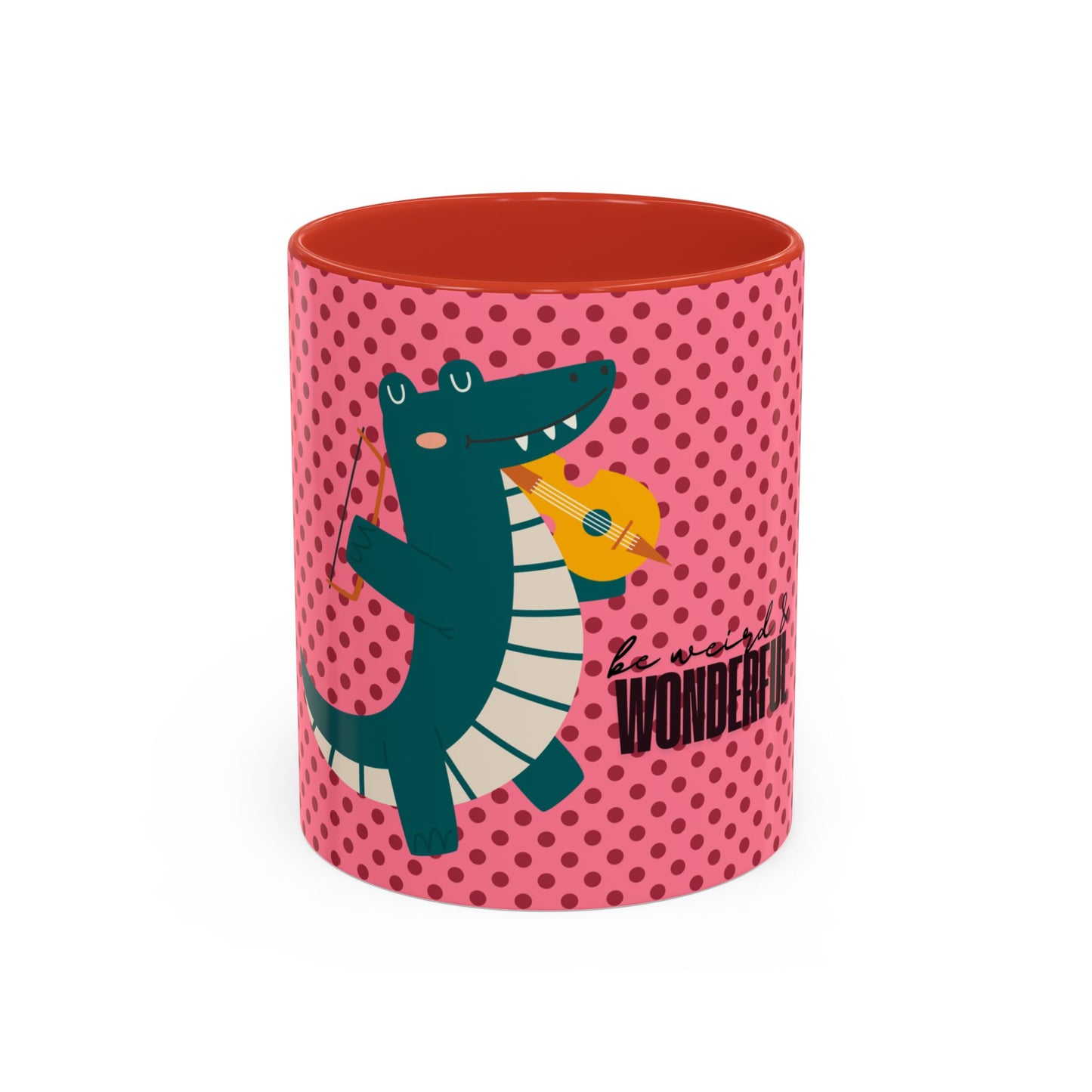 Crocodile "Be Weird & Wonderful" Coffee Mug – Playful Pink Polka Dot Accent Mug