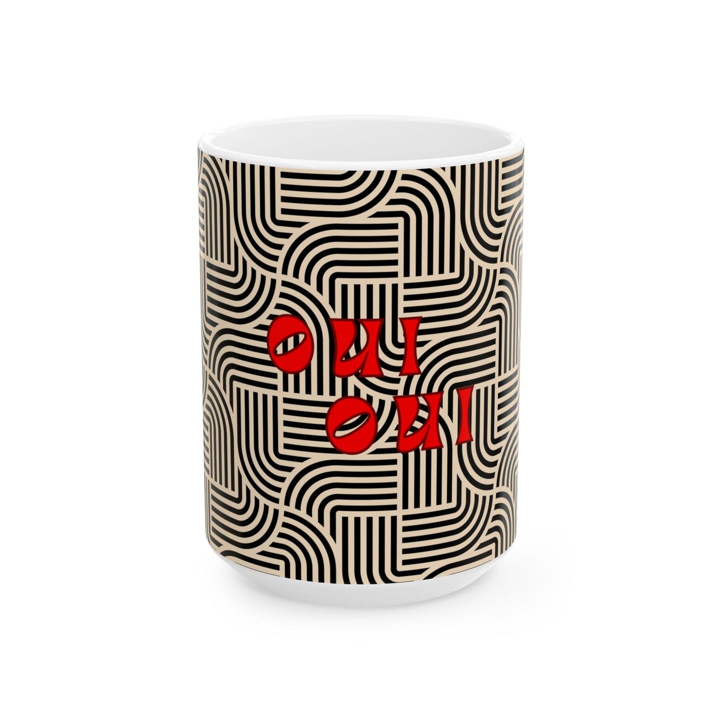 Mug with black and white pattern and red text on a white background