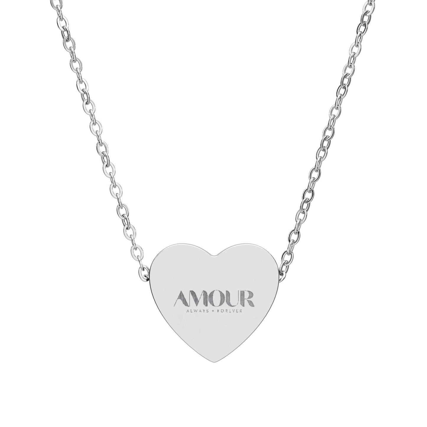 Silver heart-shaped necklace with 'AMOUR' engraving on a white background