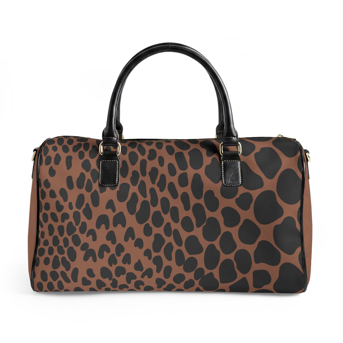A structured duffle bag with a brown and black leopard print pattern, featuring black leather top handles and gold-tone hardware, shown against a plain white background.