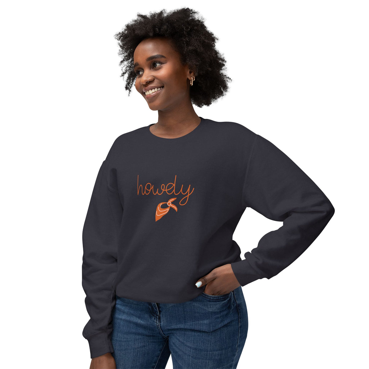 Woman wearing a navy sweatshirt with humorous text on a white background