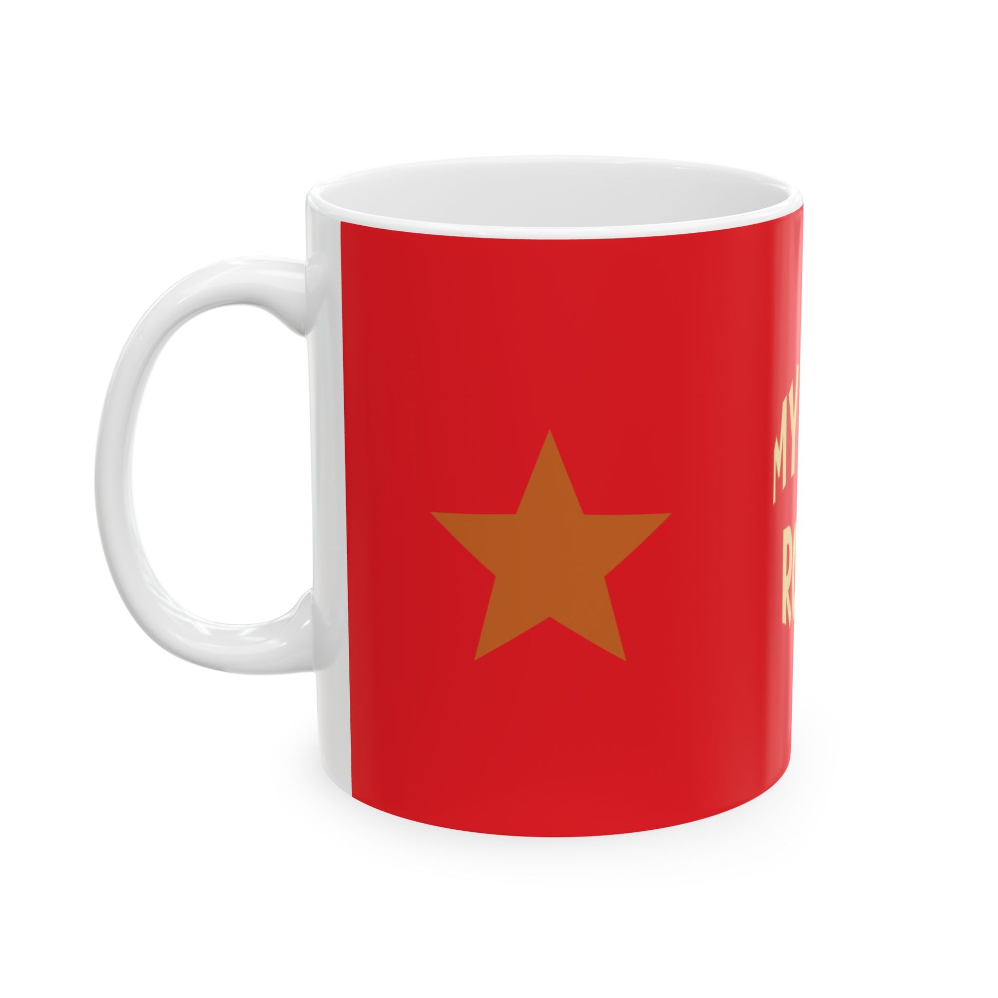 Red mug with a yellow star on a white background