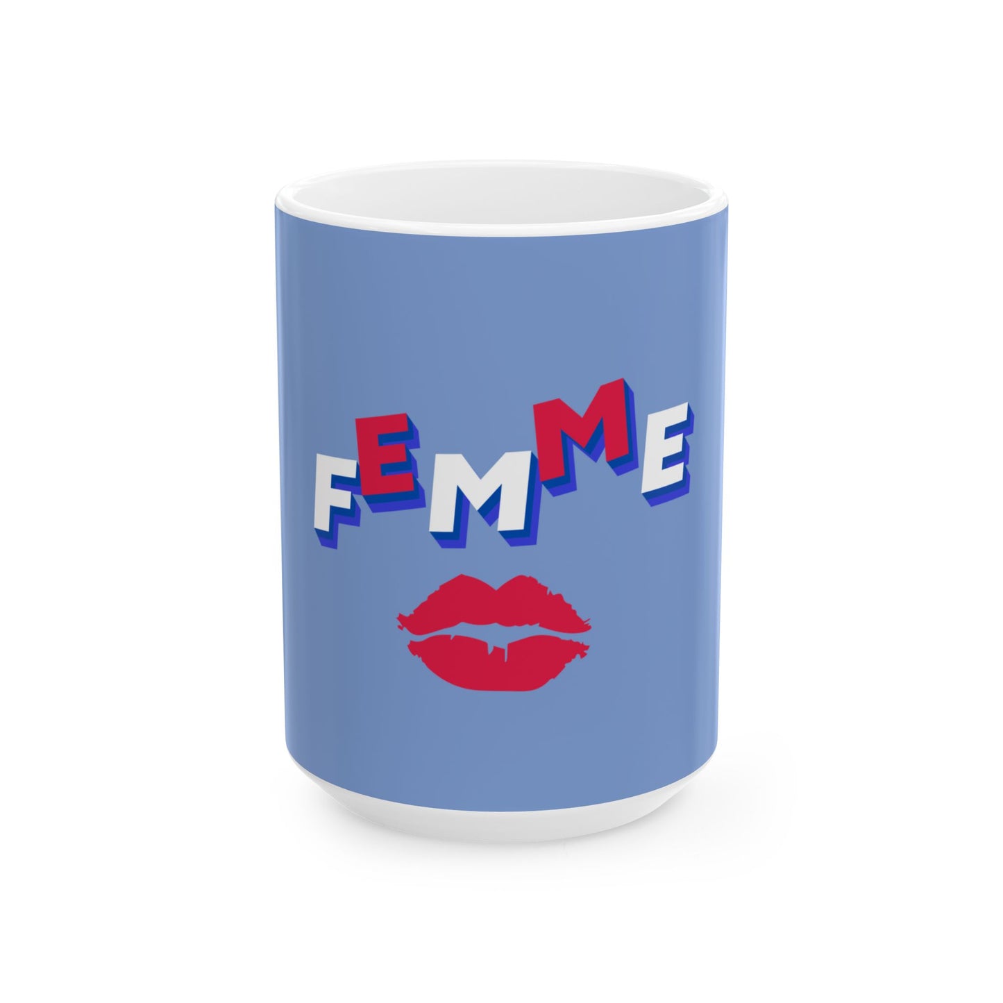Blue mug with 'FEMME' in colorful letters and red lips on a white background