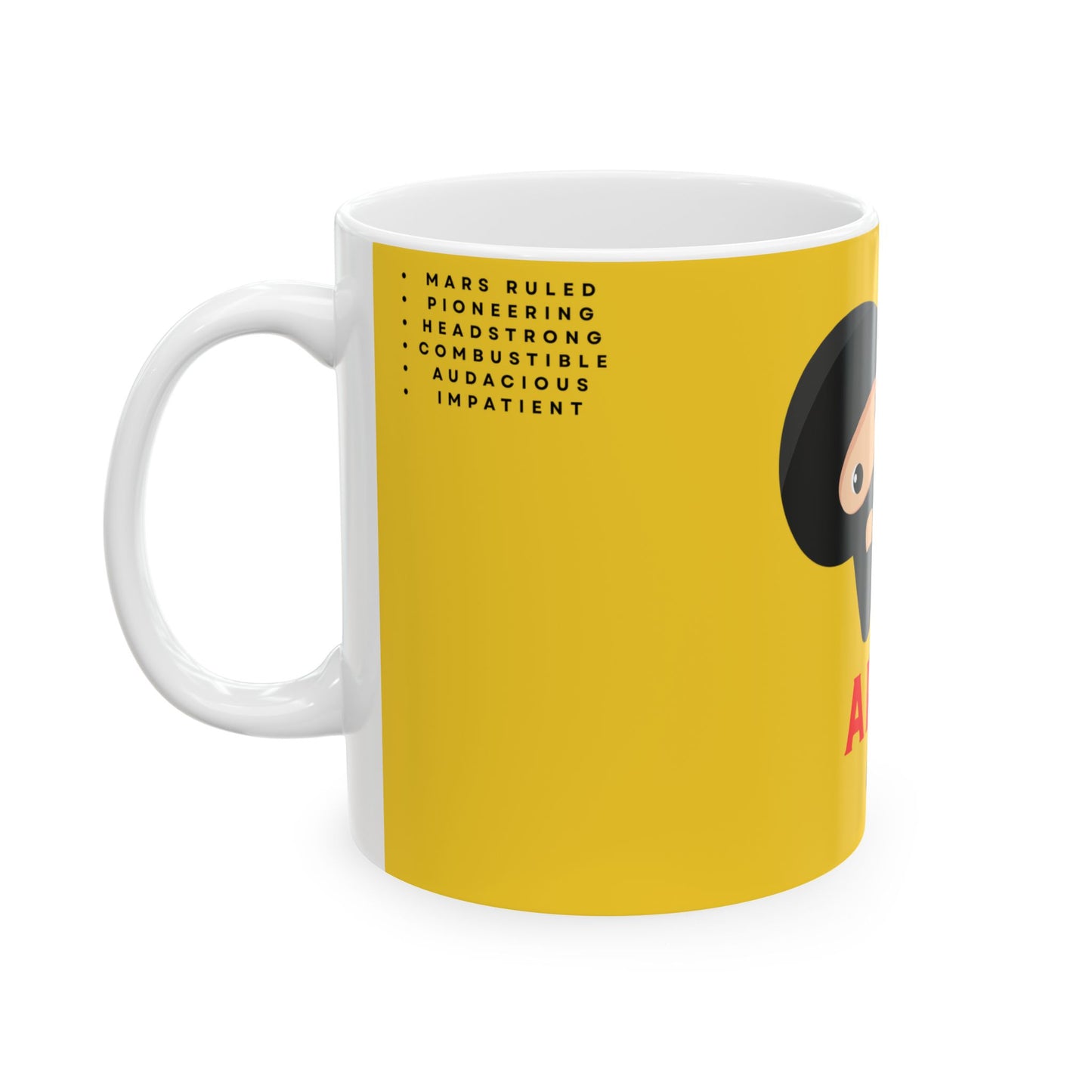 Yellow mug with a graphic design and text on a white background