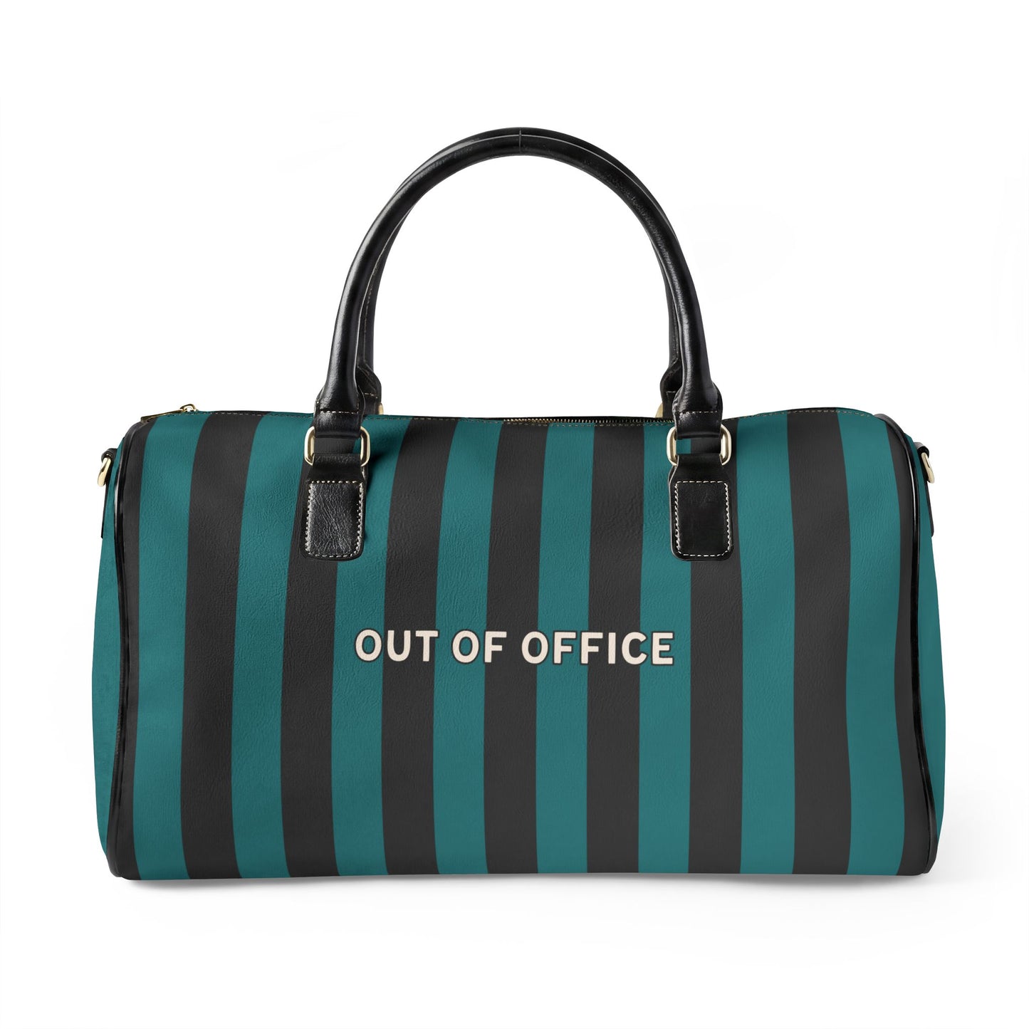 Striped duffel bag with 'OUT OF OFFICE' text on a white background