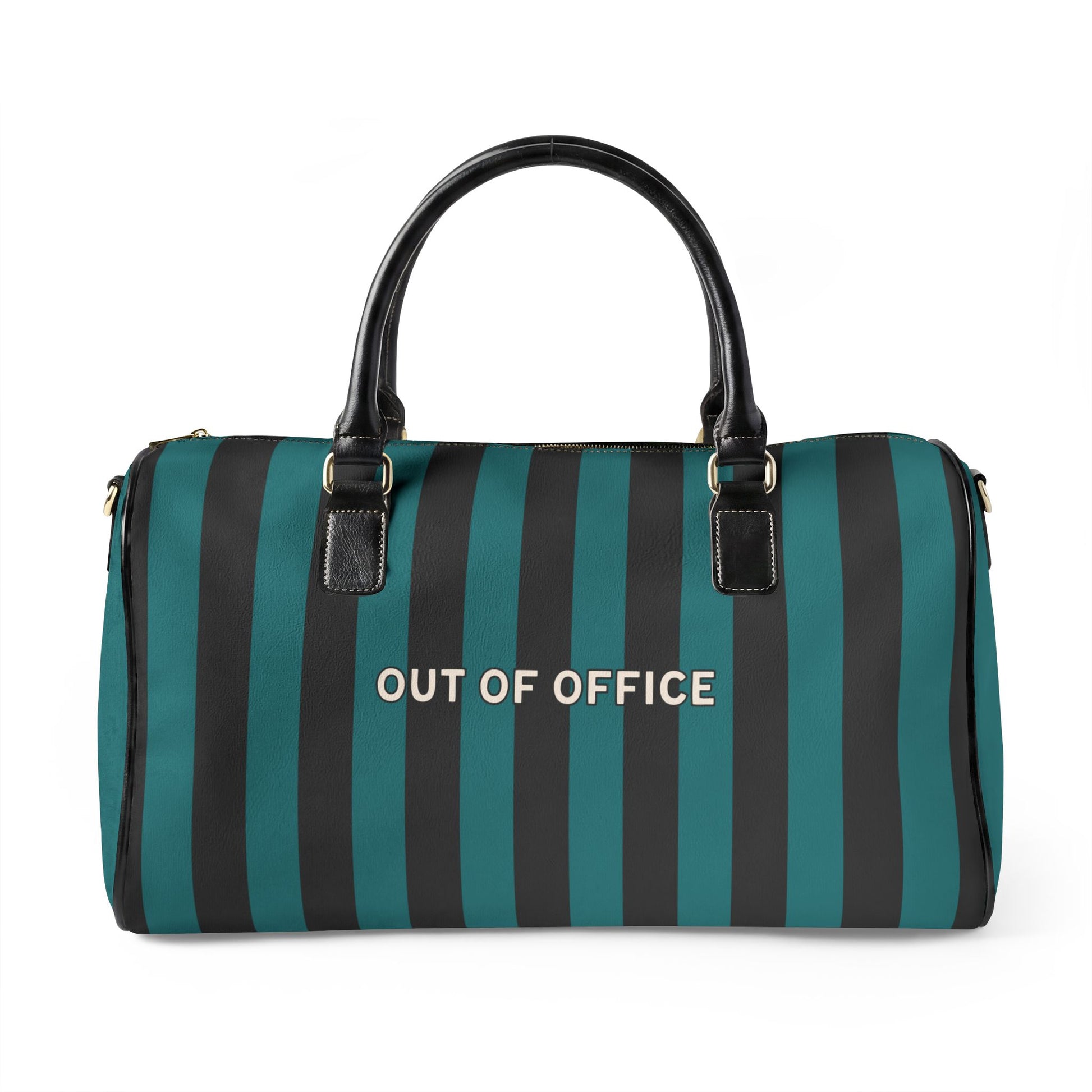 Striped duffel bag with 'OUT OF OFFICE' text on a white background
