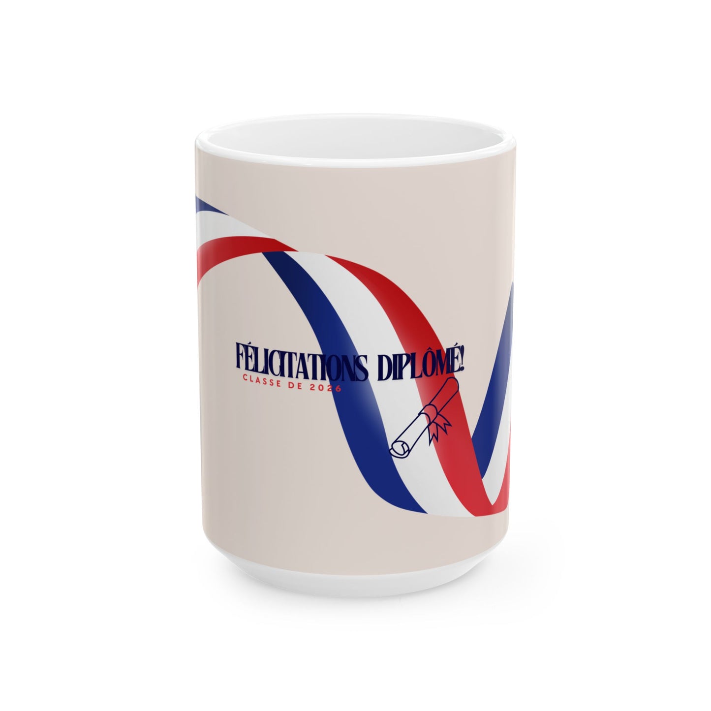Mug with 'Felicitations Diplome' design on a beige background