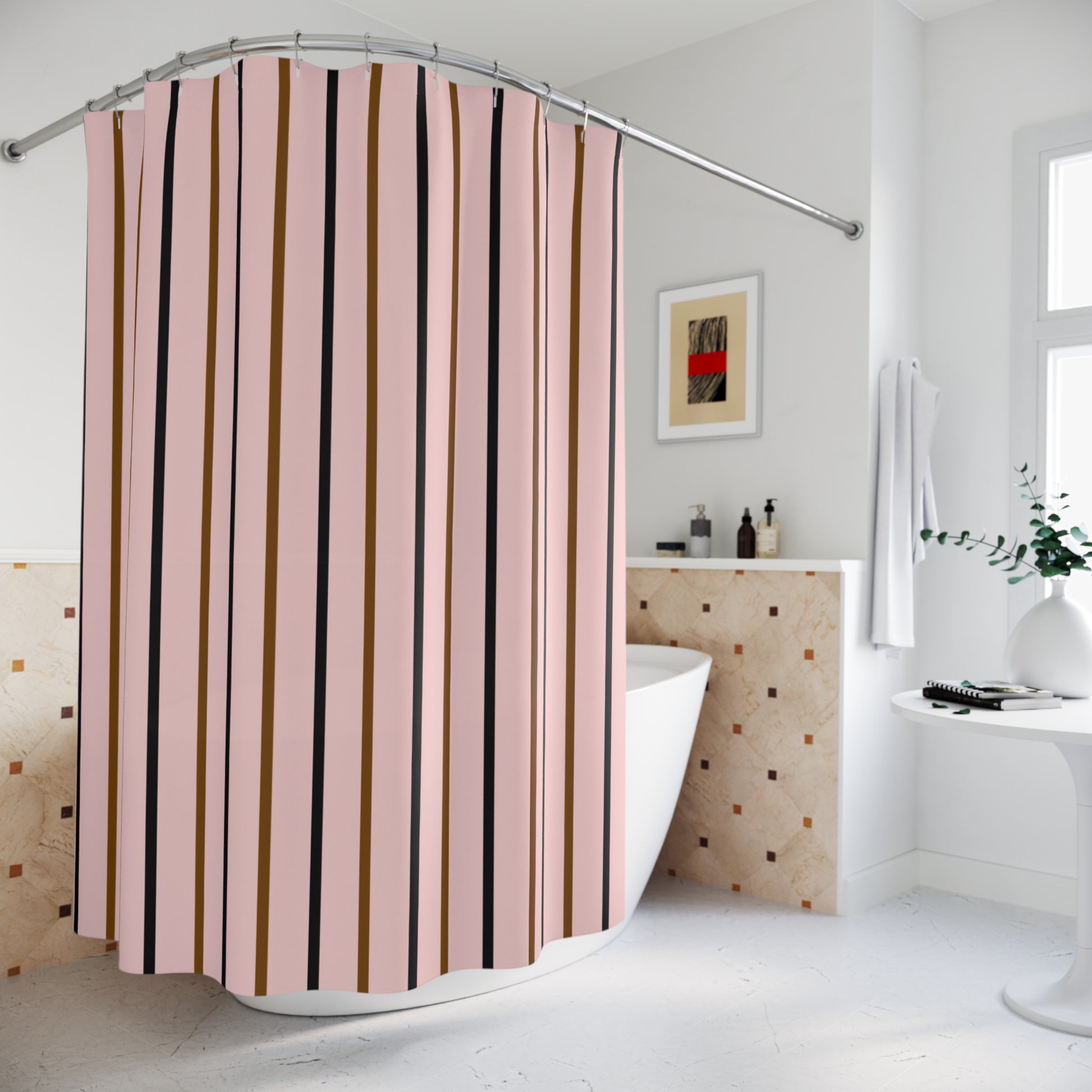 Shower curtain in a bathroom setting with a bathtub and decorative elements.