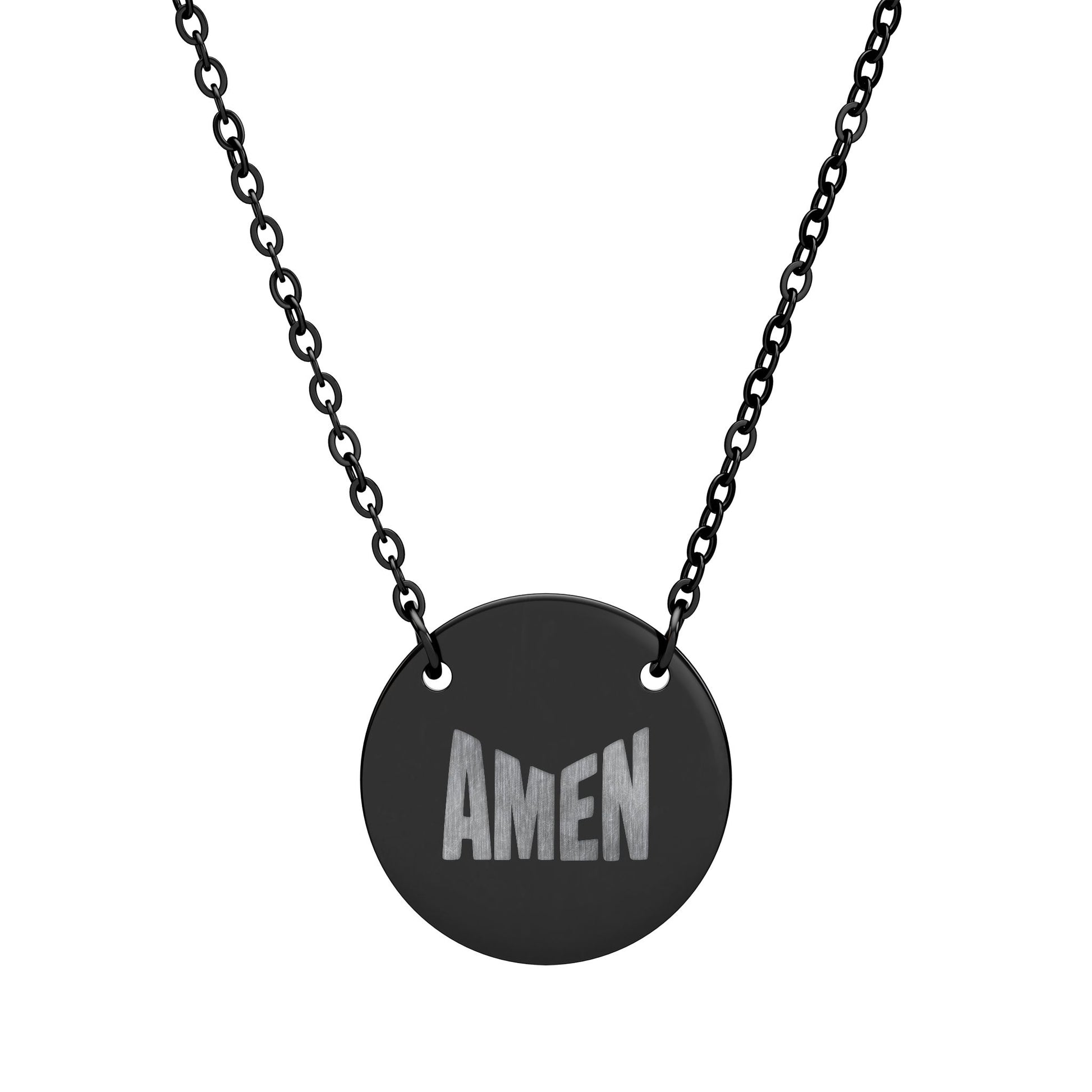 Black necklace with a round pendant displaying the word 'AMEN' on a white background