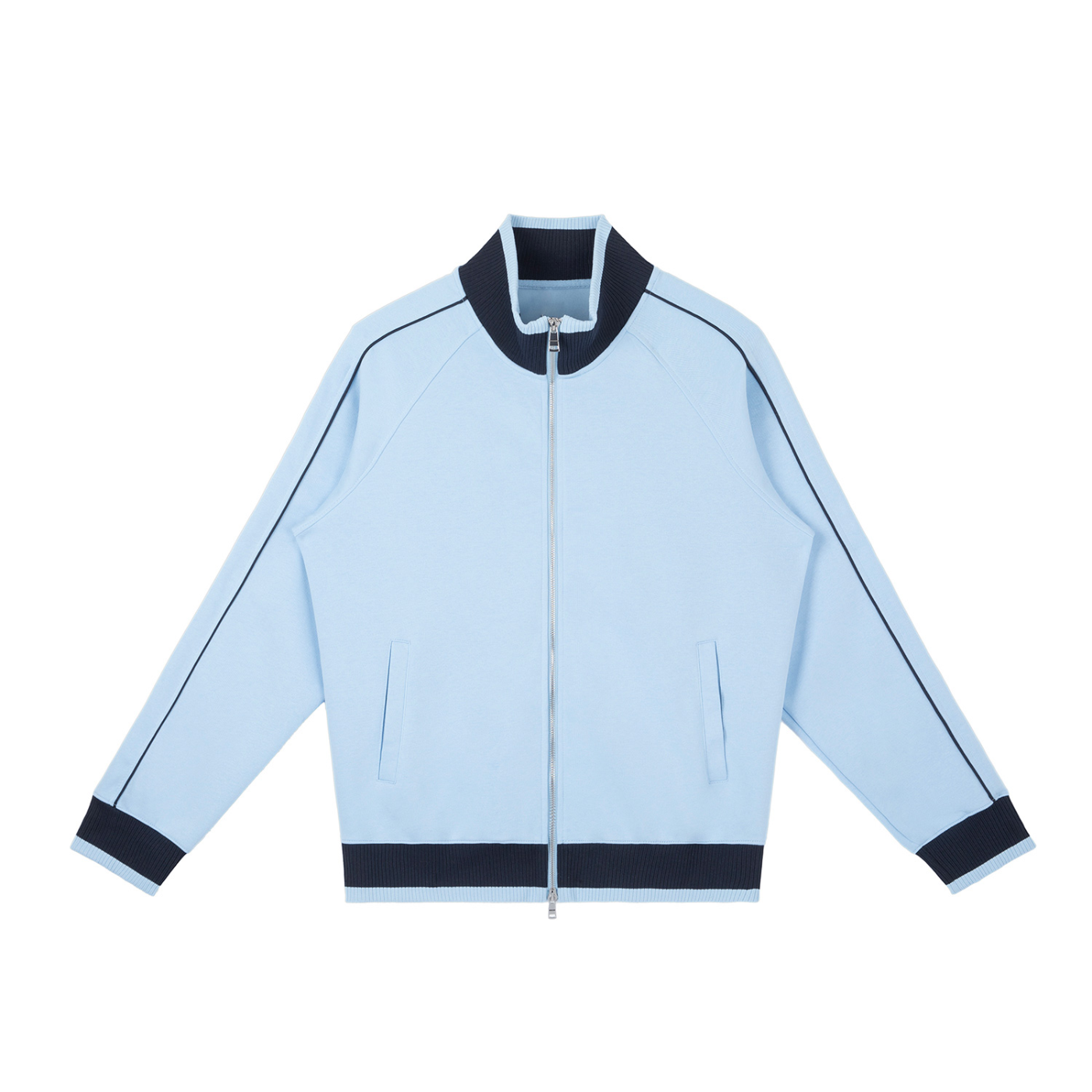 Light blue jacket with dark blue accents on a white background