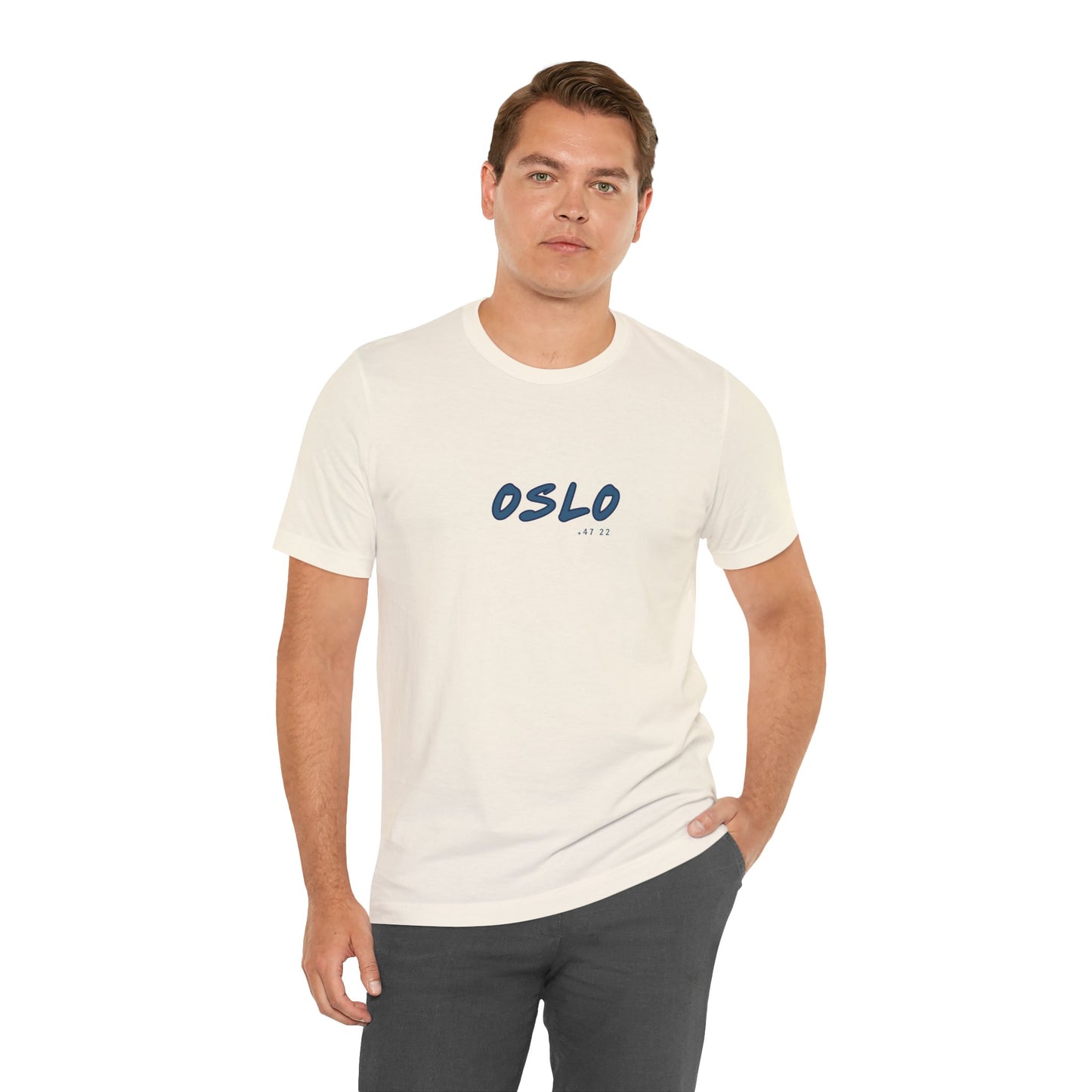 Man wearing a white t-shirt with 'OSLO' printed on it against a white background