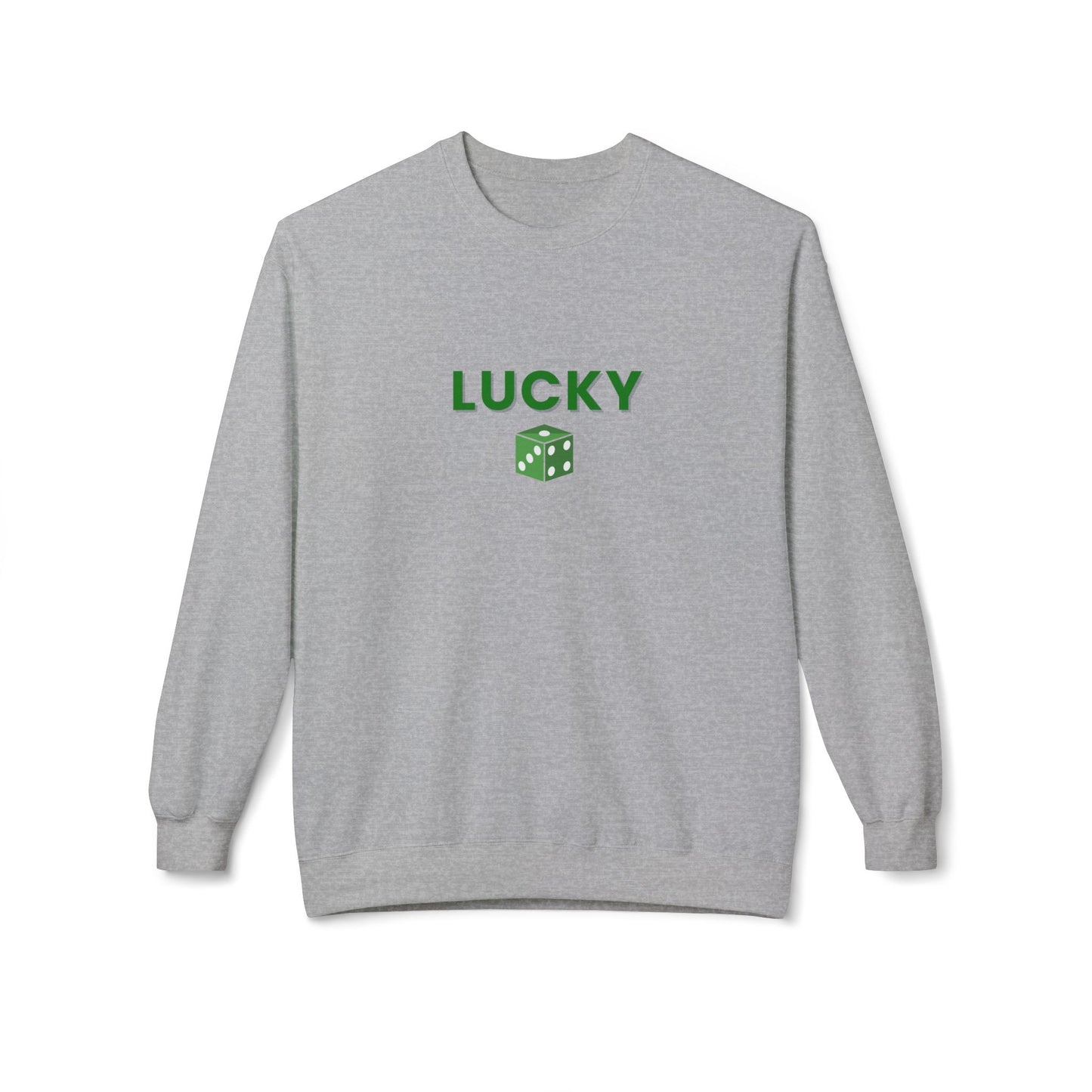 Gray sweatshirt with 'LUCKY' and a dice graphic on a white background