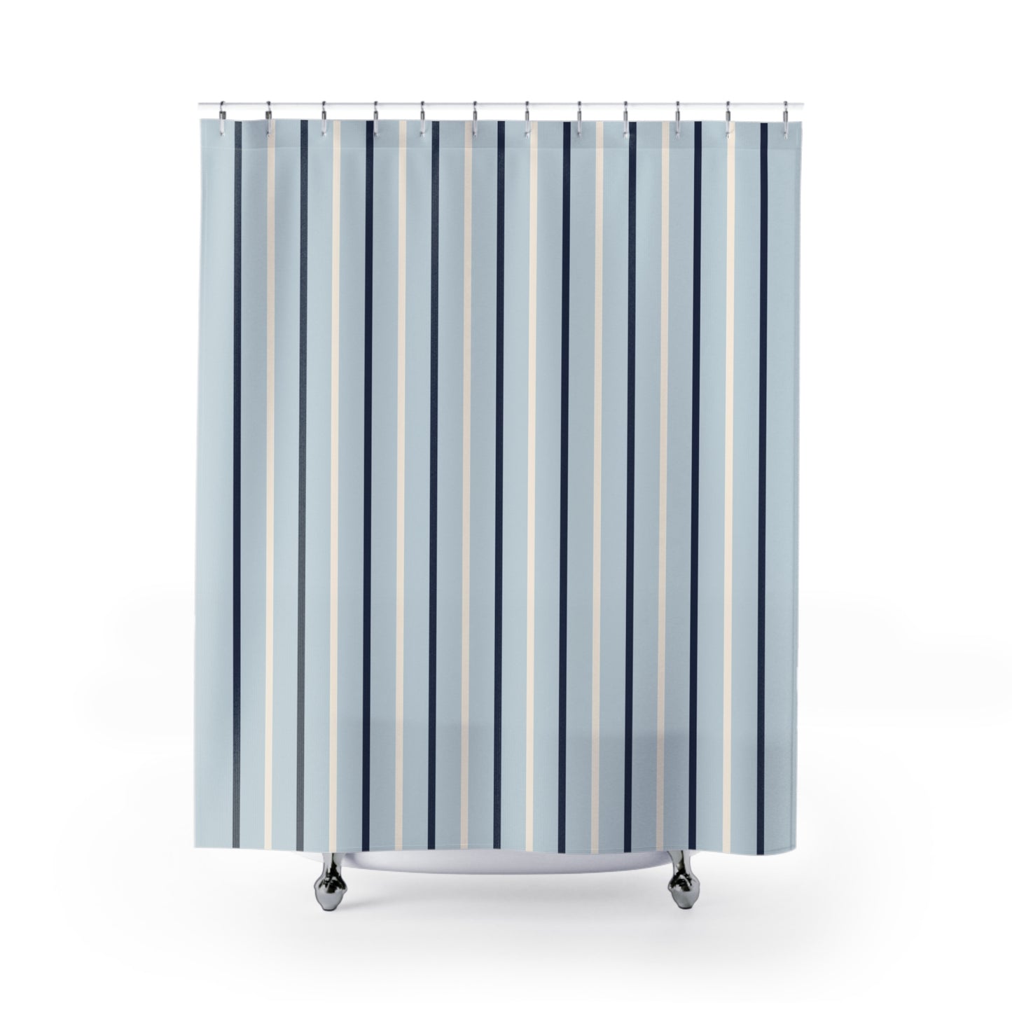 Striped shower curtain with blue and beige vertical stripes on a white background