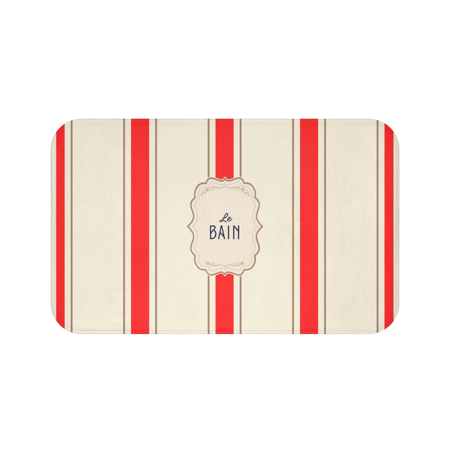 Striped bath mat with 'Le Bain' text on a white background