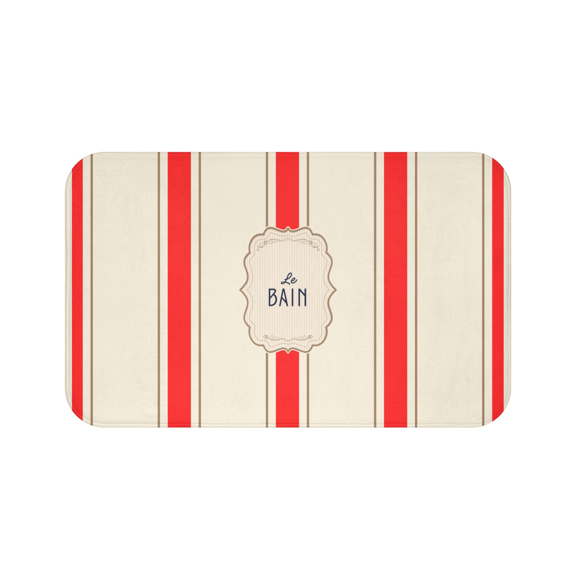 Striped bath mat with 'Le Bain' text on a white background