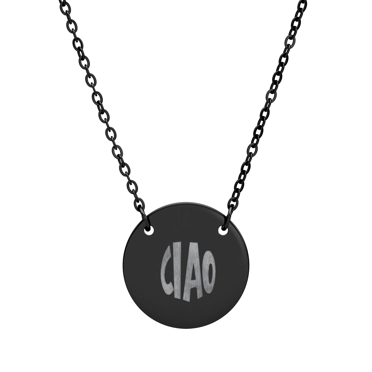 Black necklace with a round pendant displaying 'CIAO' on a white background
