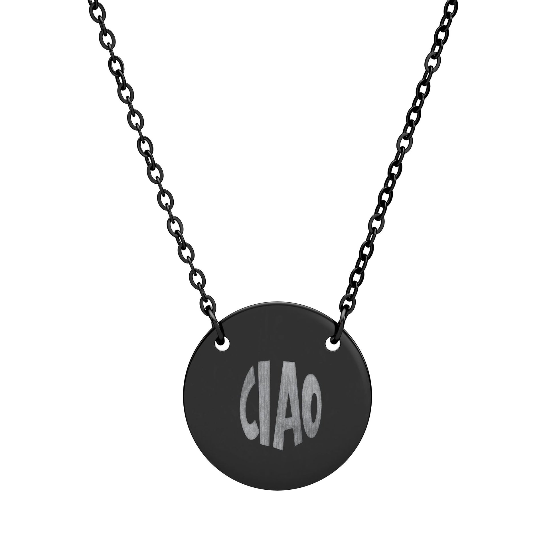 Black necklace with a round pendant displaying 'CIAO' on a white background