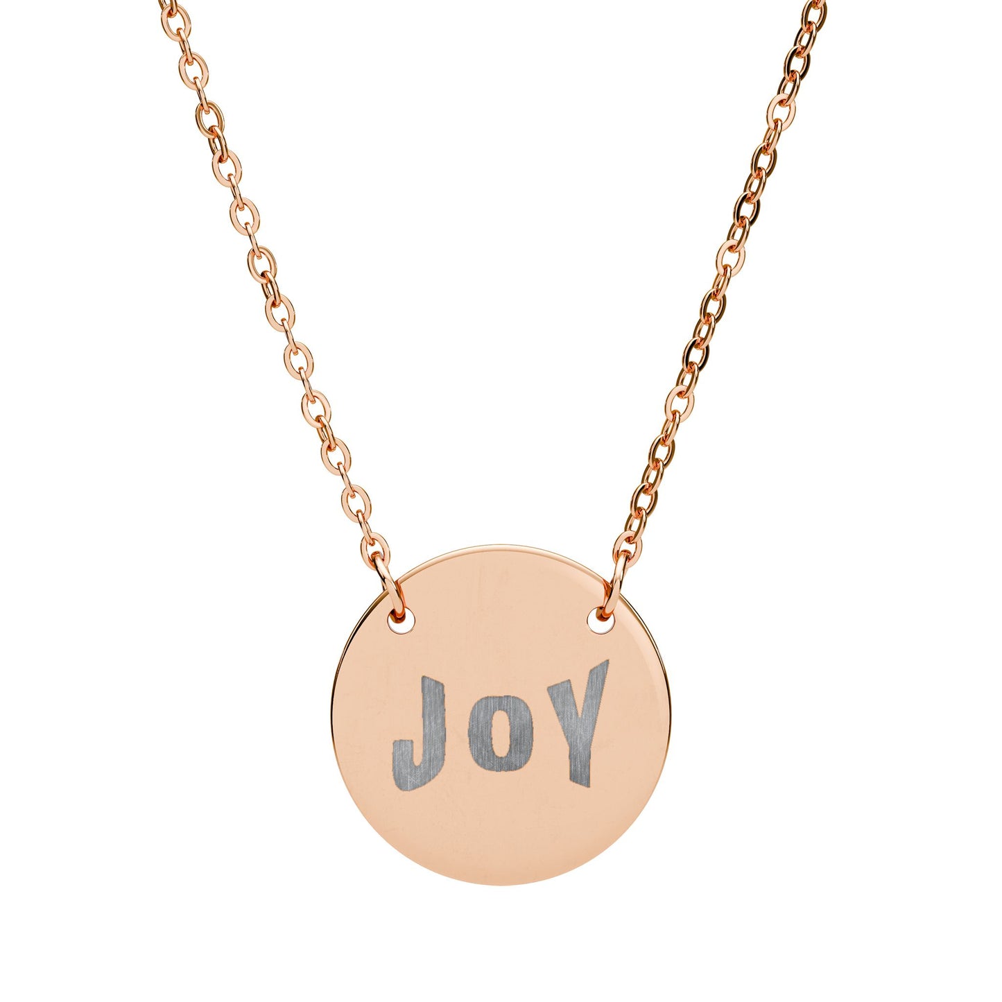 Rose gold necklace with a round pendant engraved with 'Joy' on a white background