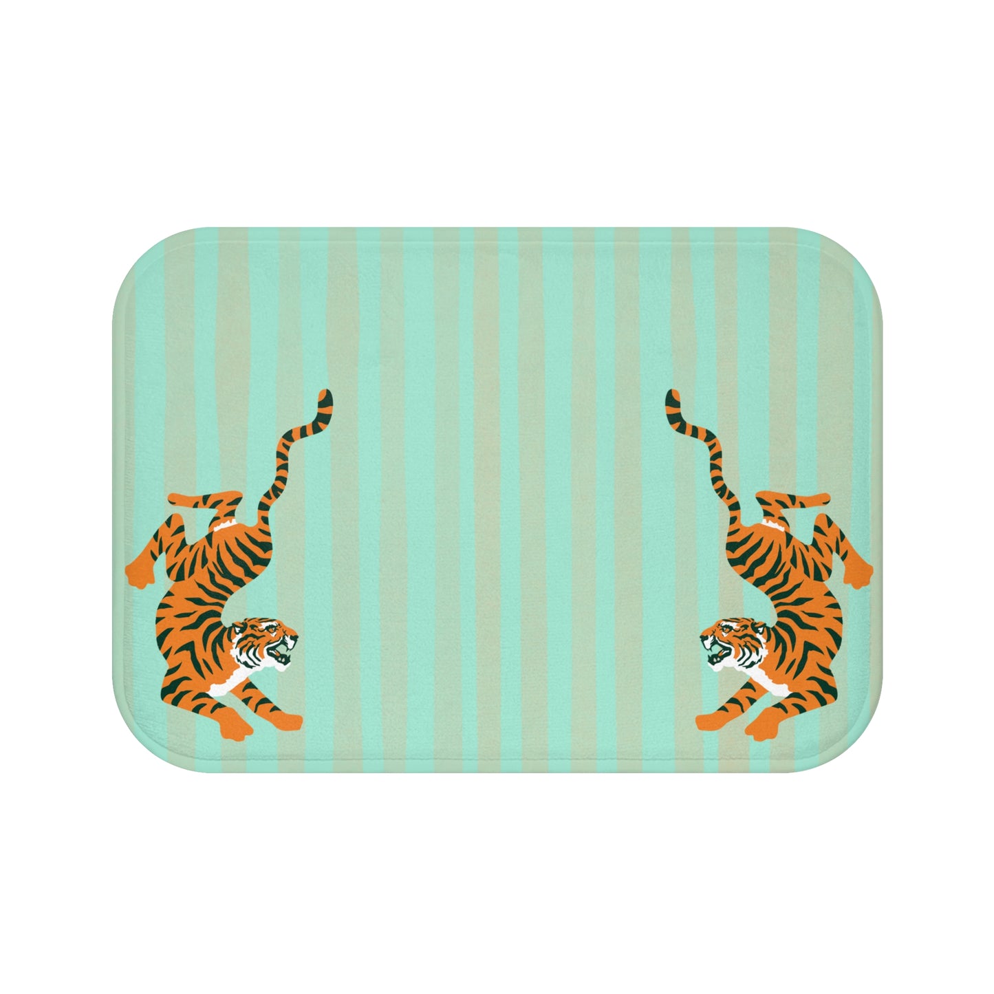 Rectangular mat with striped pattern and two orange tigers on a light blue background